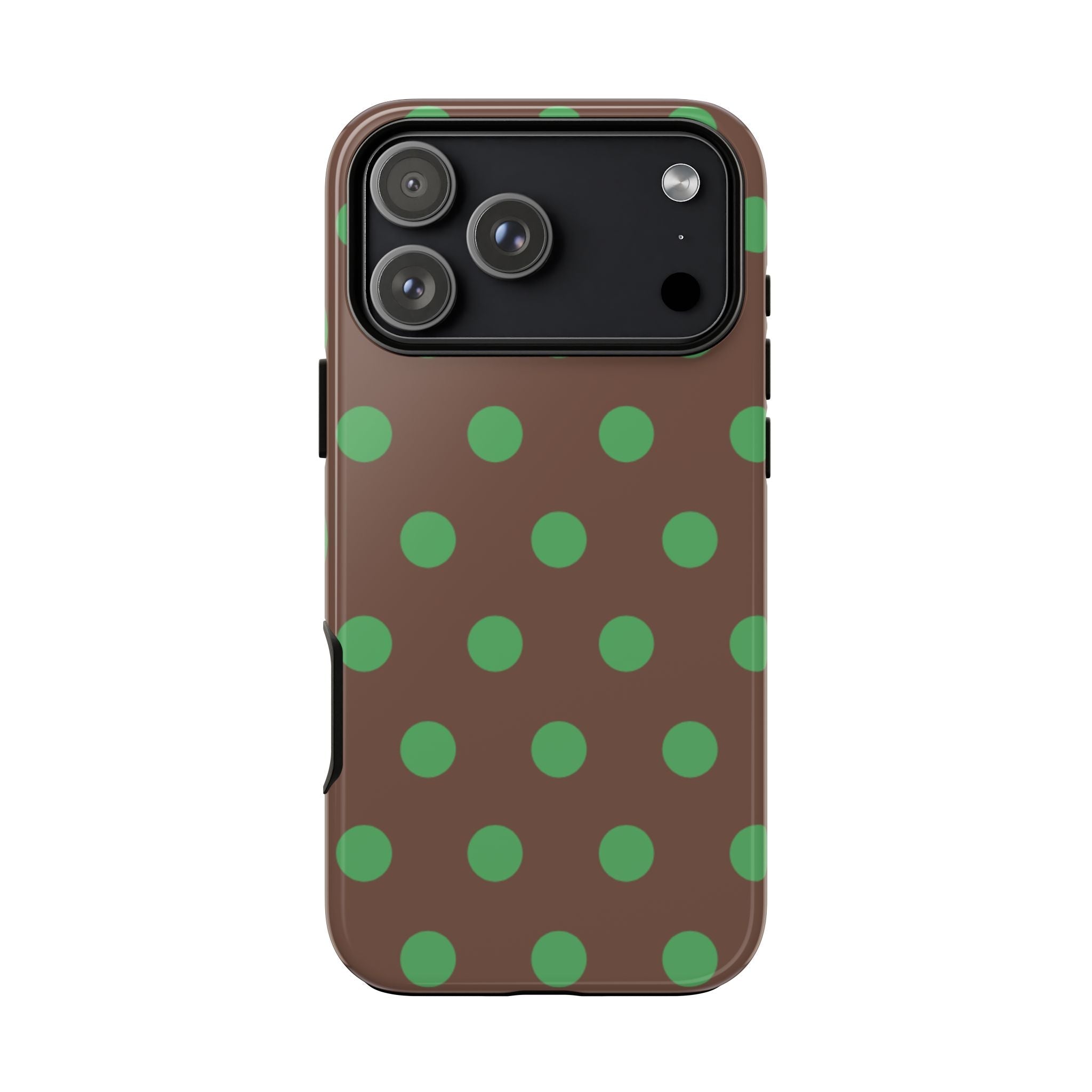 Brown phone case with green polka dots and camera lens cutout