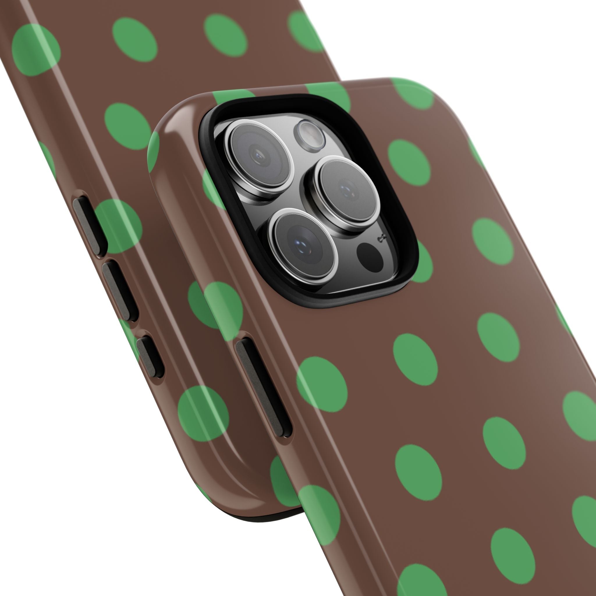 Brown polka dot phone case with green dots, side buttons and camera module