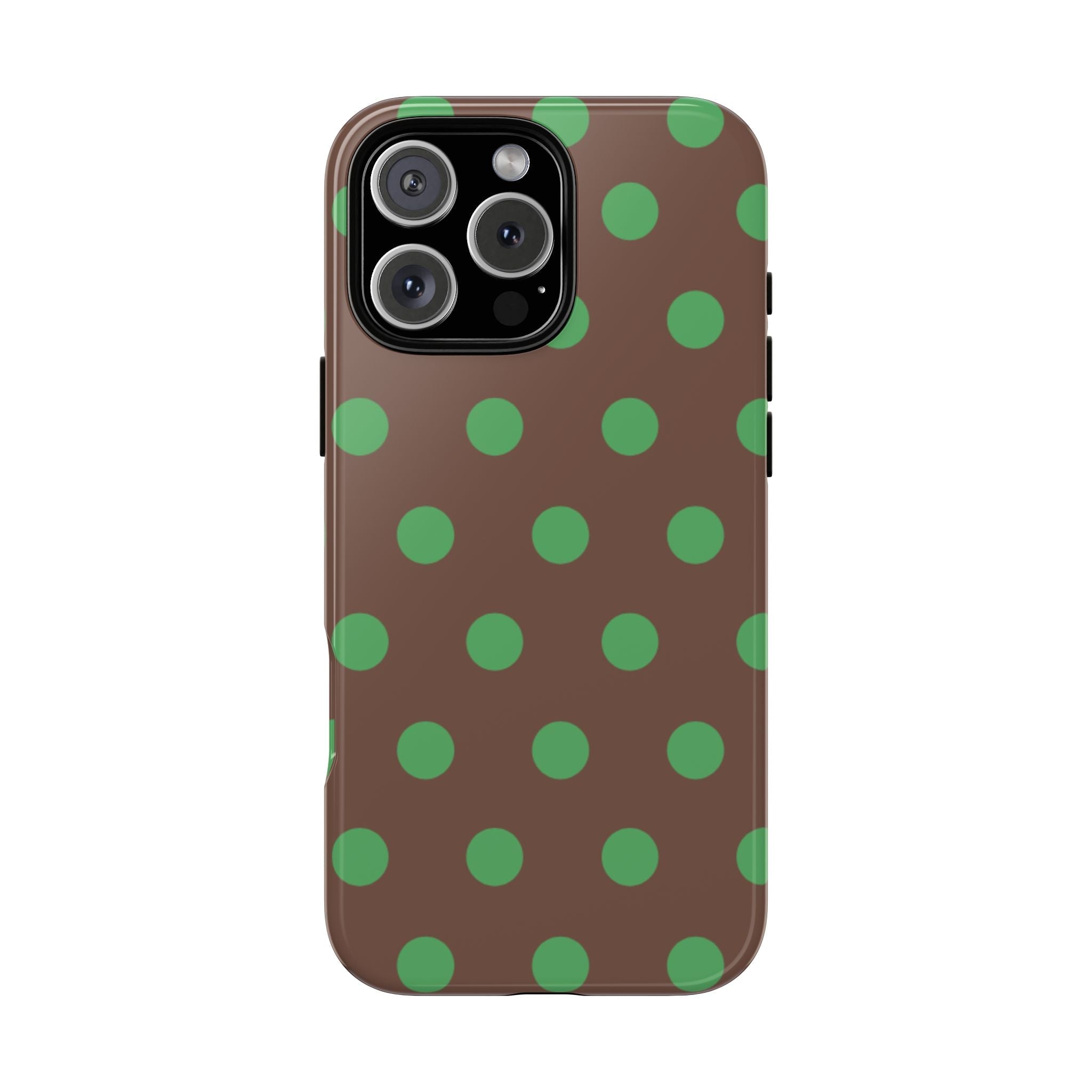 Brown phone case with green polka dots pattern, raised camera cutout