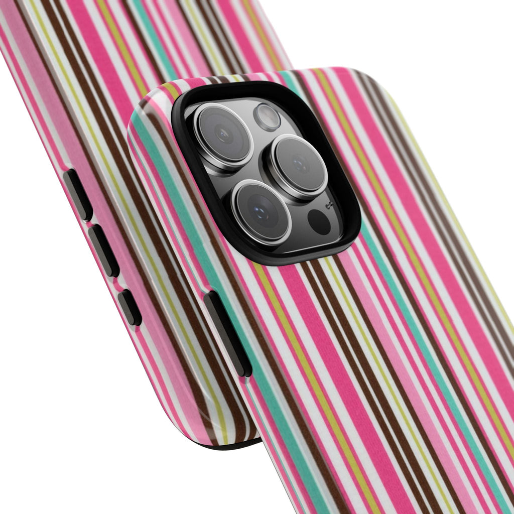 Kawaii striped phone case side view with vertical stripe pattern and button cutouts