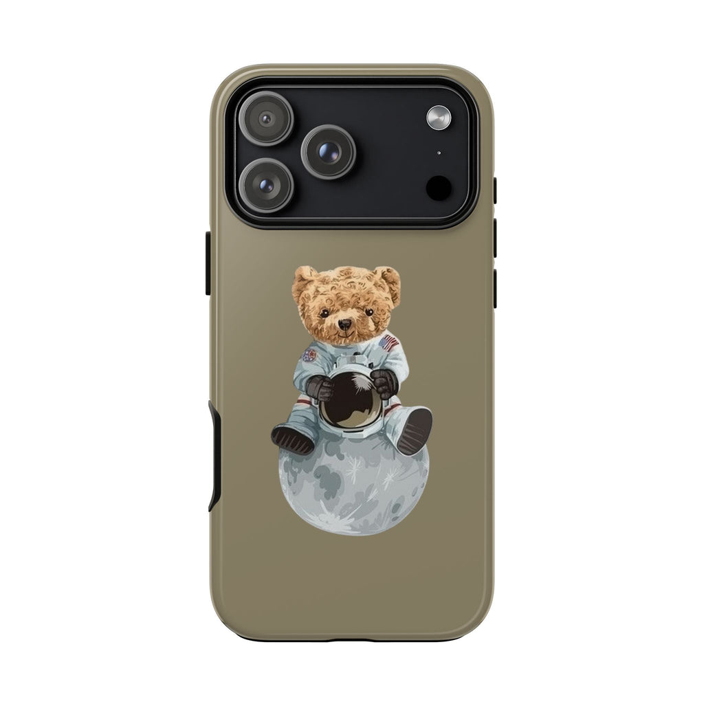 Khaki phone case back featuring teddy bear astronaut holding planet graphic