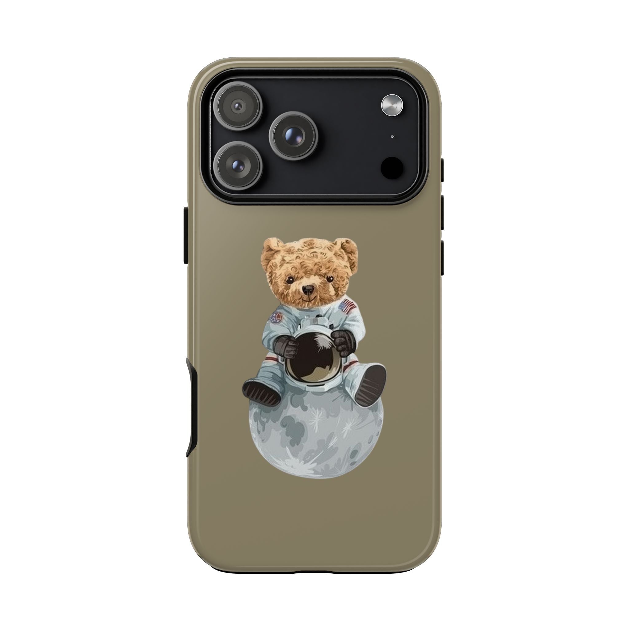 Khaki phone case back featuring teddy bear astronaut holding planet graphic