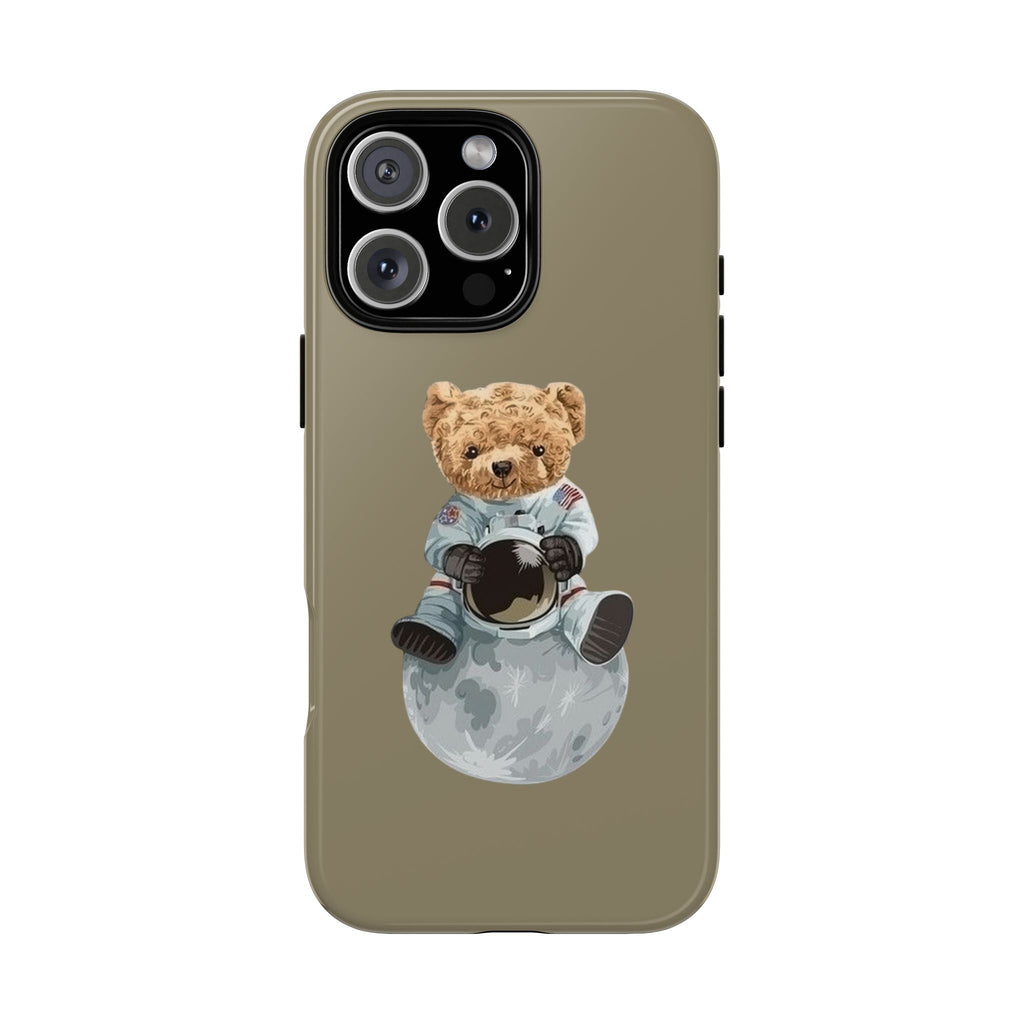 Khaki phone case with teddy astronaut bear holding planet graphic on the back