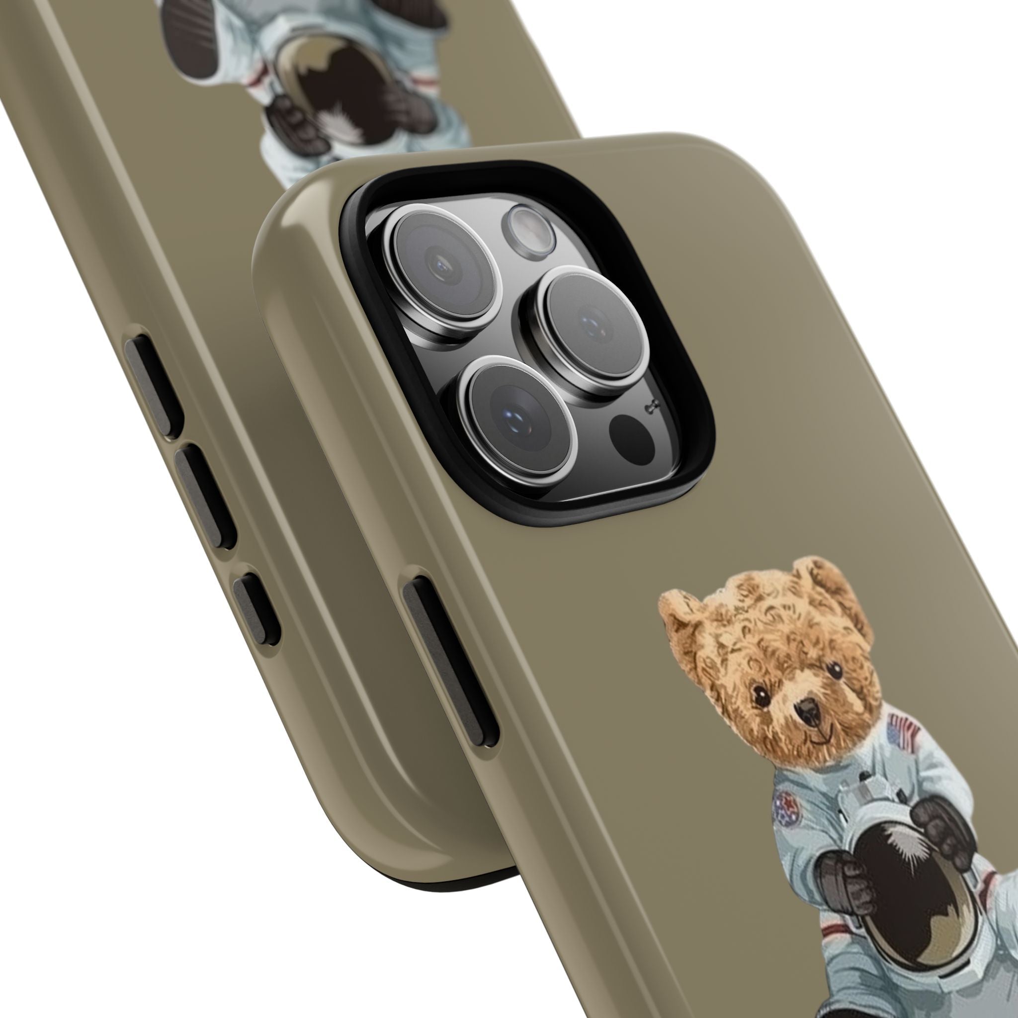 Khaki phone case corner with teddy astronaut bear graphic and camera lens cutout