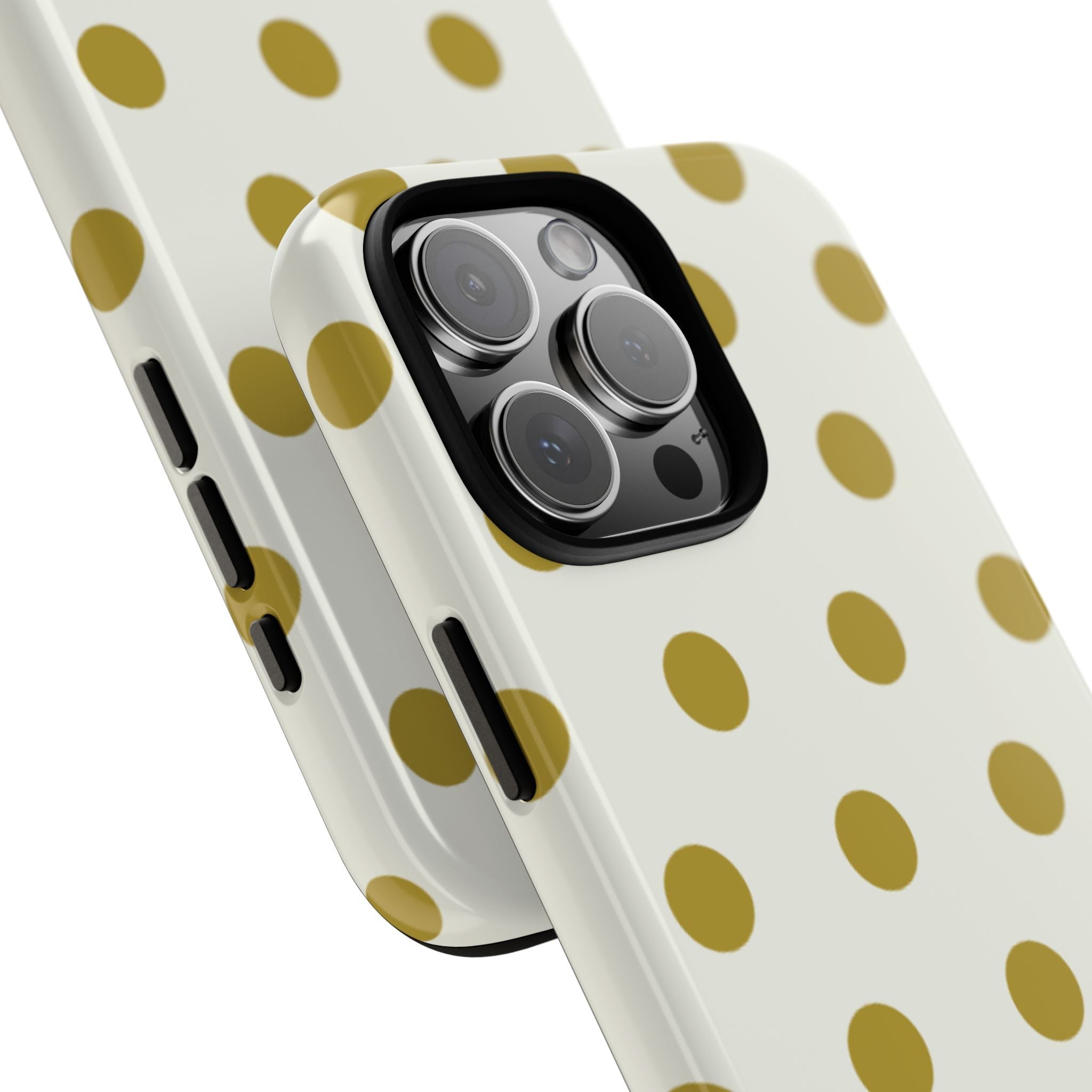 Polka dot phone case showing camera lens openings and side button cutouts