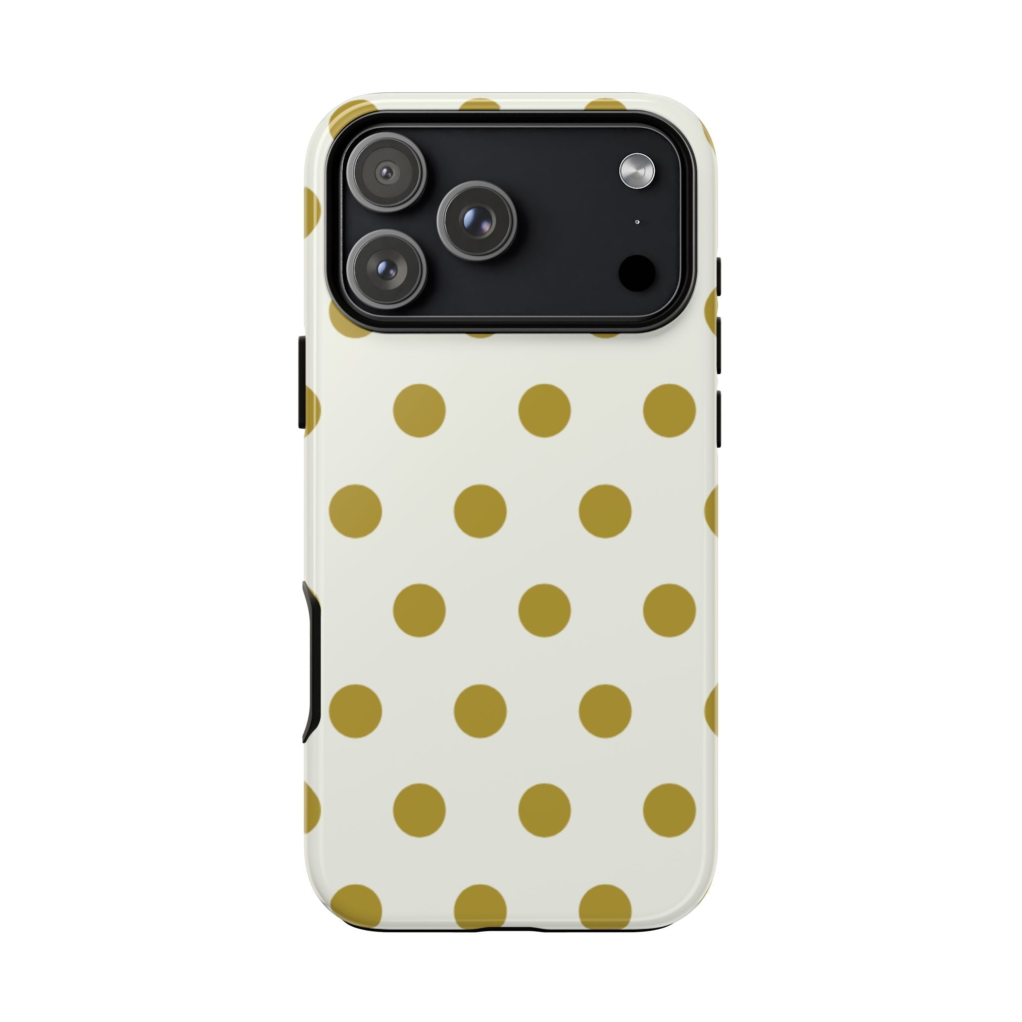 Phone case with olive-gold polka dots pattern and raised camera frame on back