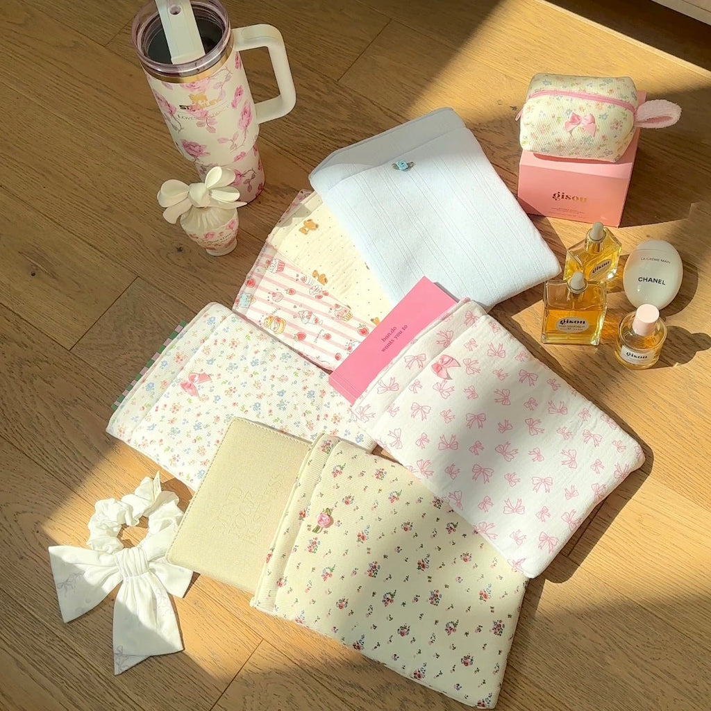 Pastel fabric Kindle book sleeve set, floral and bow prints with light padding