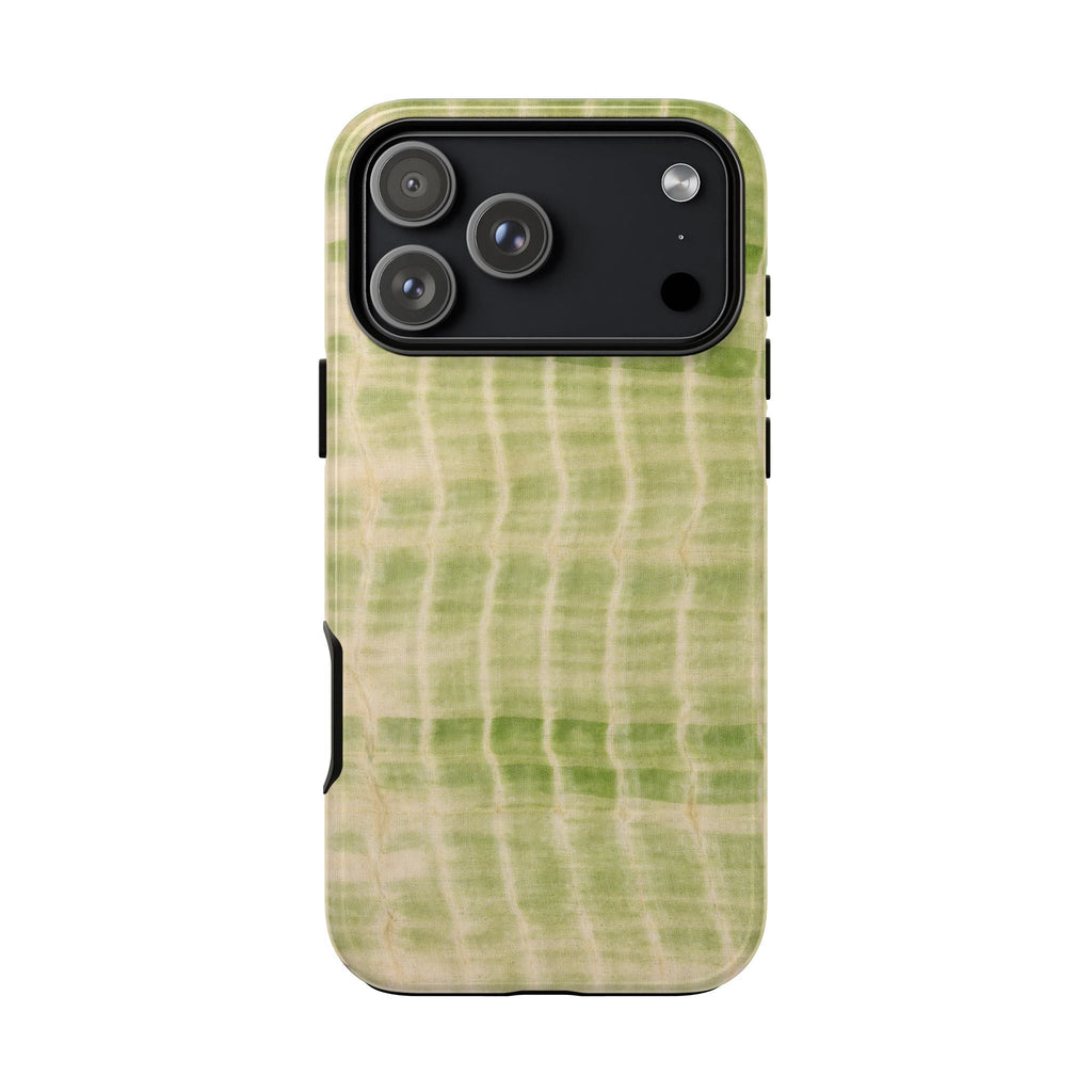 Kiwi green shibori tie-dye phone case, side edge cutouts and camera area