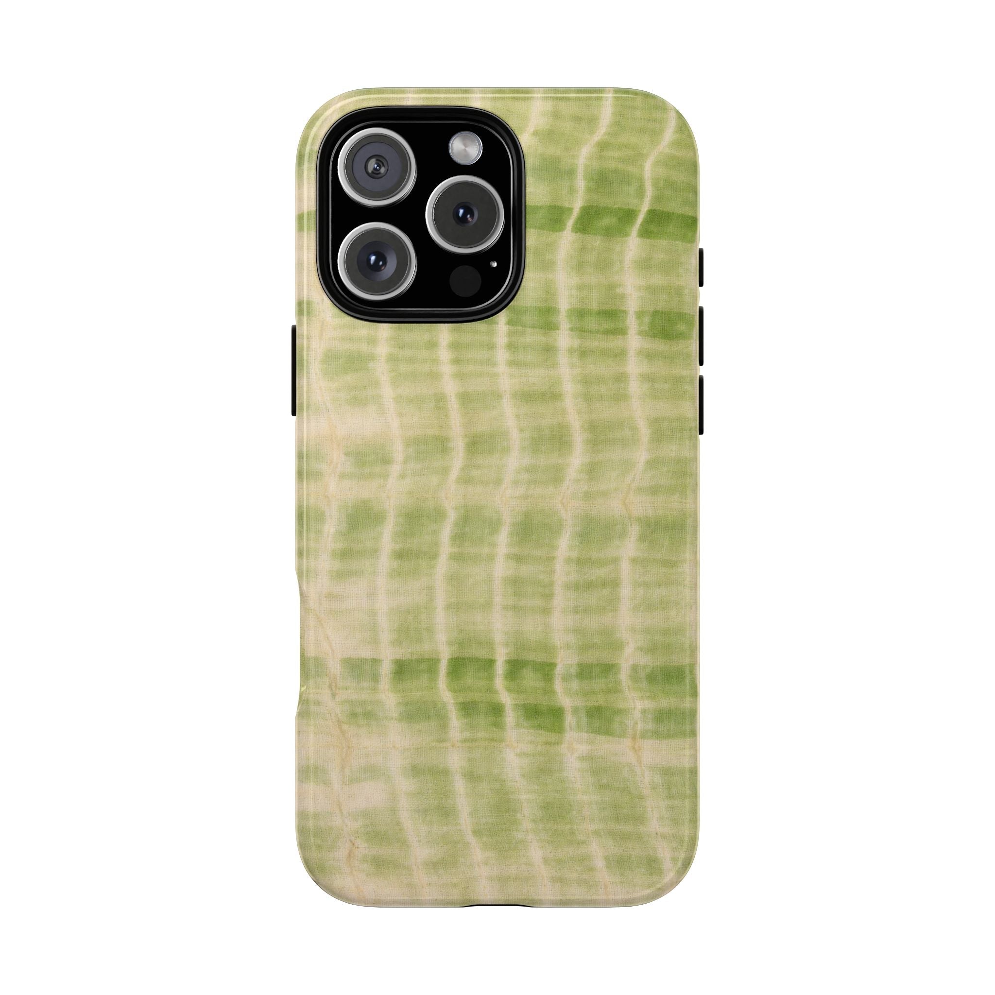Kiwi green shibori tie-dye phone case, back view with camera cutout