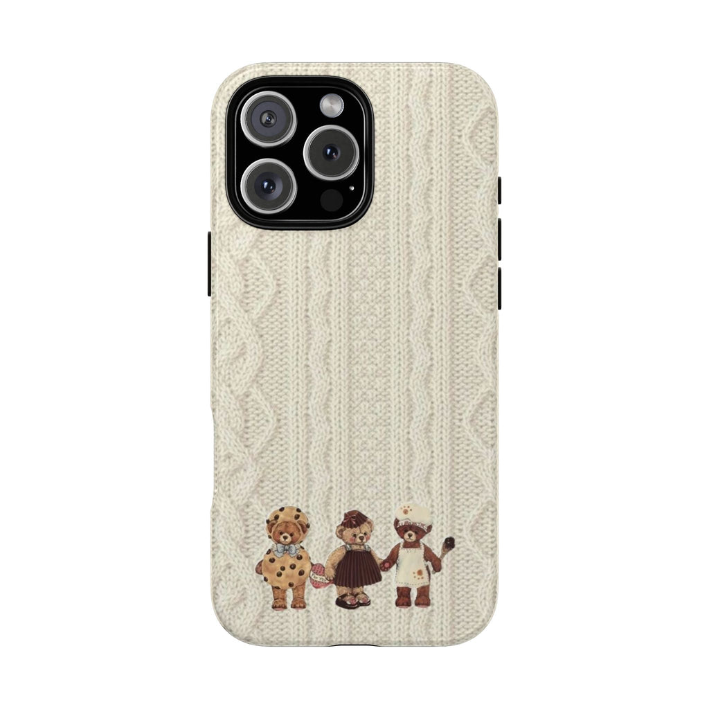Cream knit phone case with cable-knit texture and three teddy bear appliqués