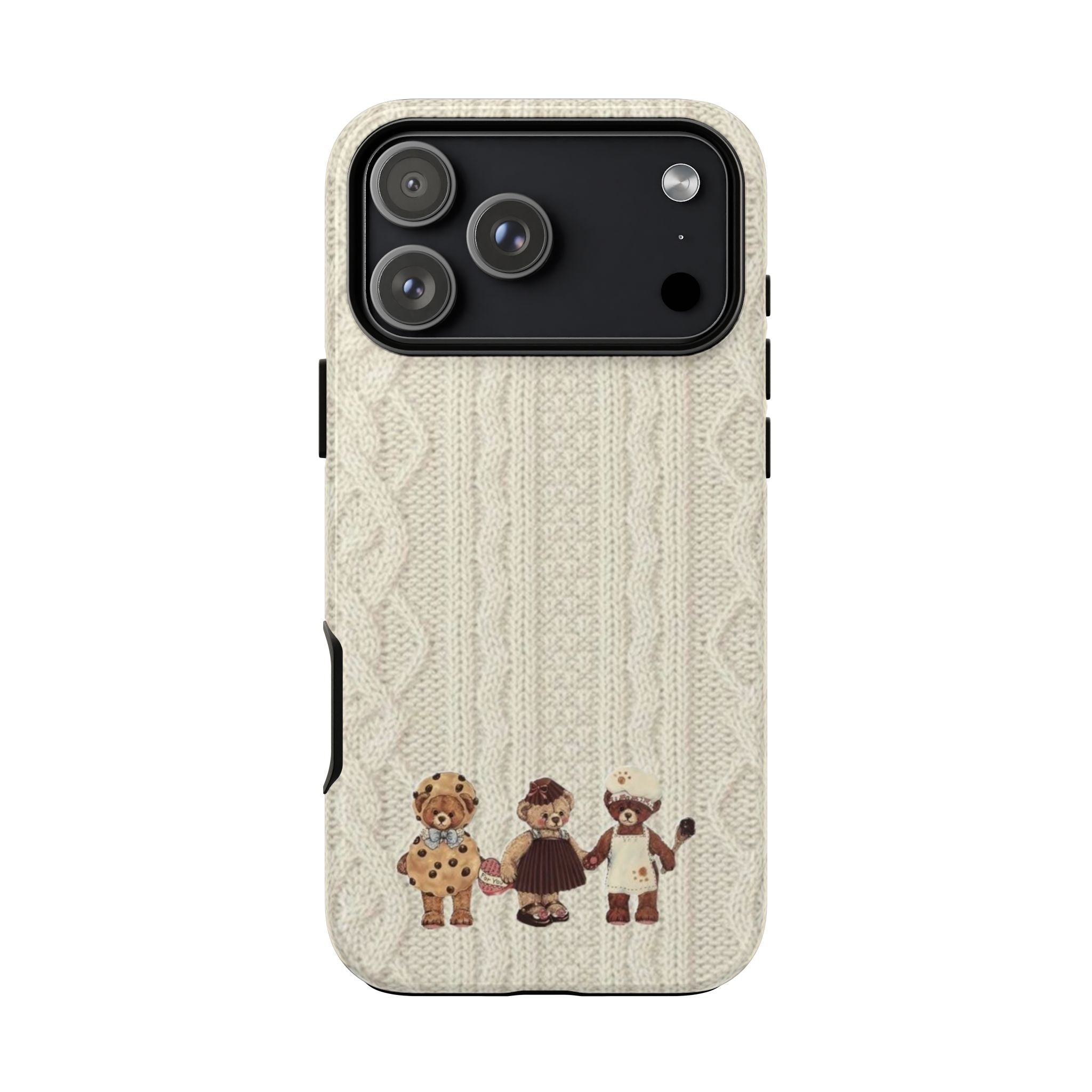 Cream knit phone case with teddy bear trio at bottom; side button cutouts