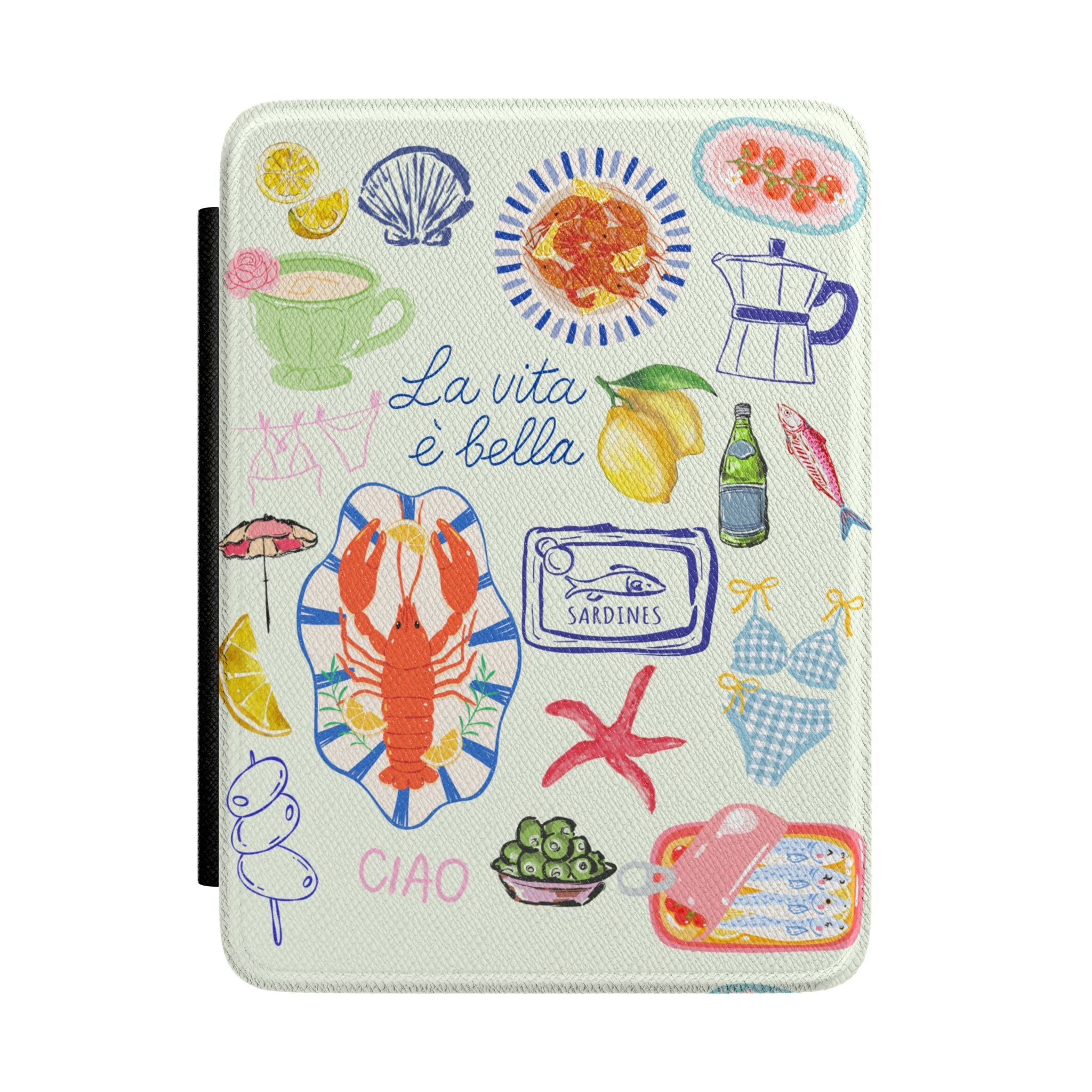 Hardcover Kindle case, cream with colorful Mediterranean icons and “La vita è bella” text
