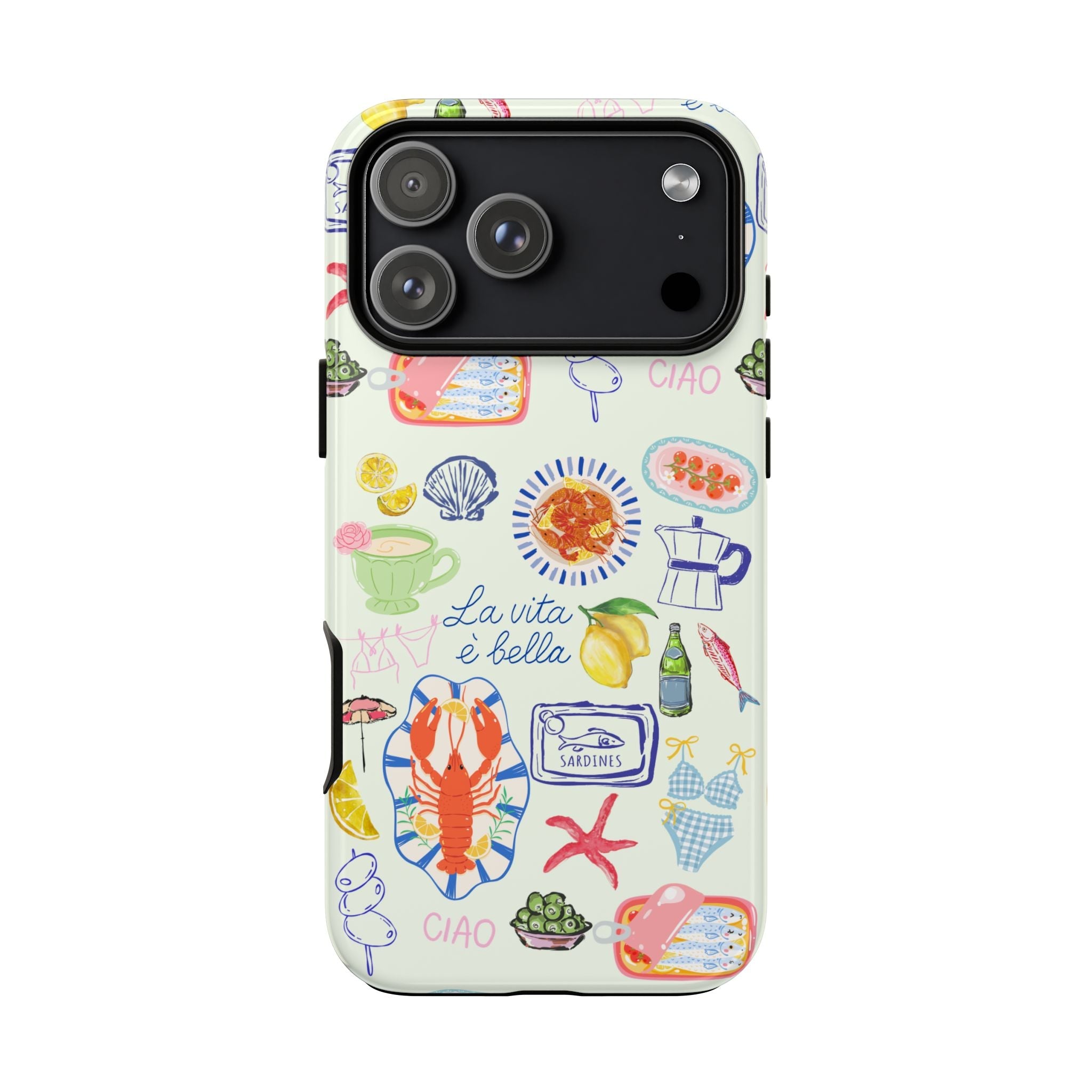 Back view of white phone case with “La vita è bella” seafood and kitchen icons