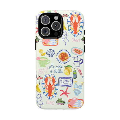White phone case with colorful Italian sea food and “La vita è bella” pattern