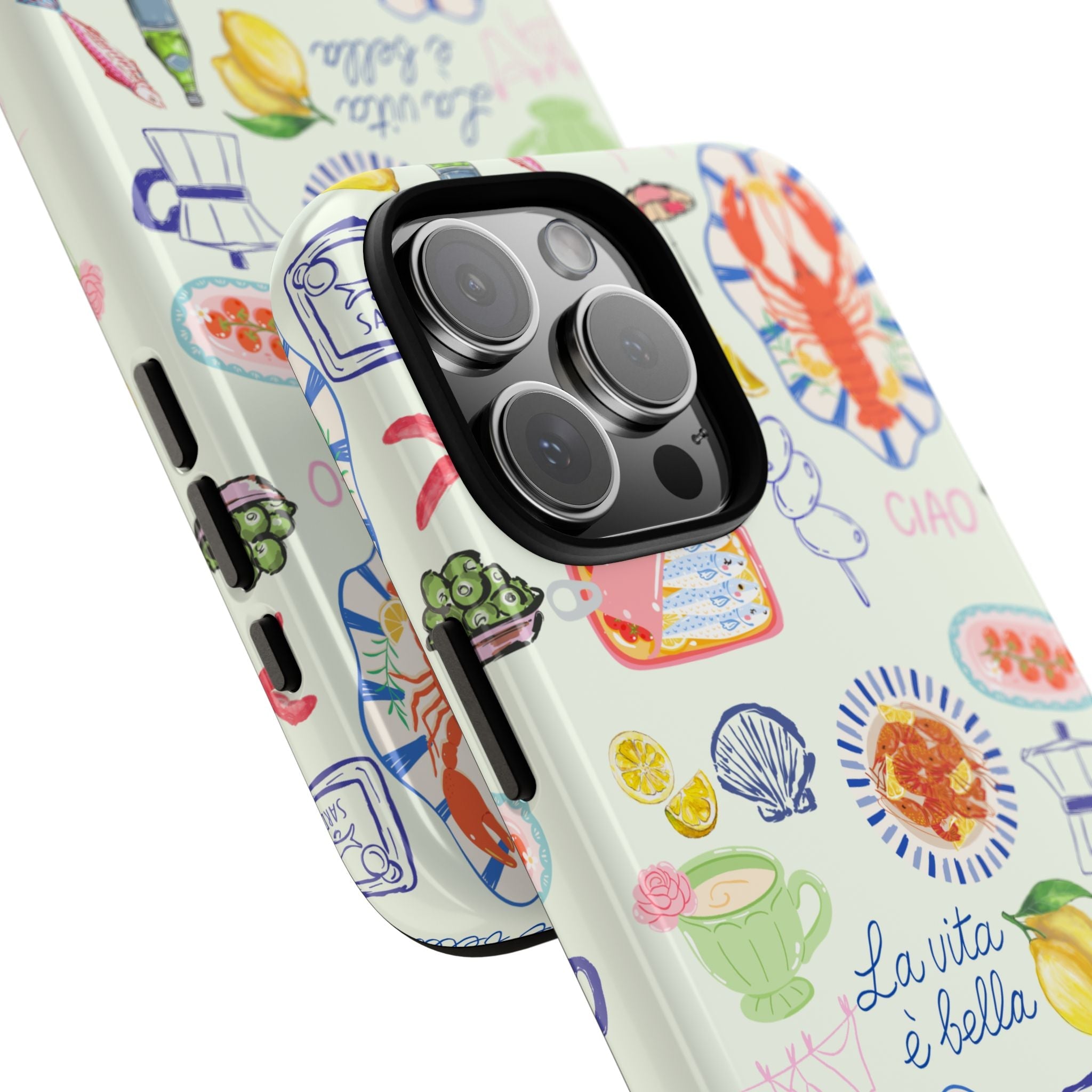 Angled view of white phone case with lobsters, lemon, and “Ciao” design