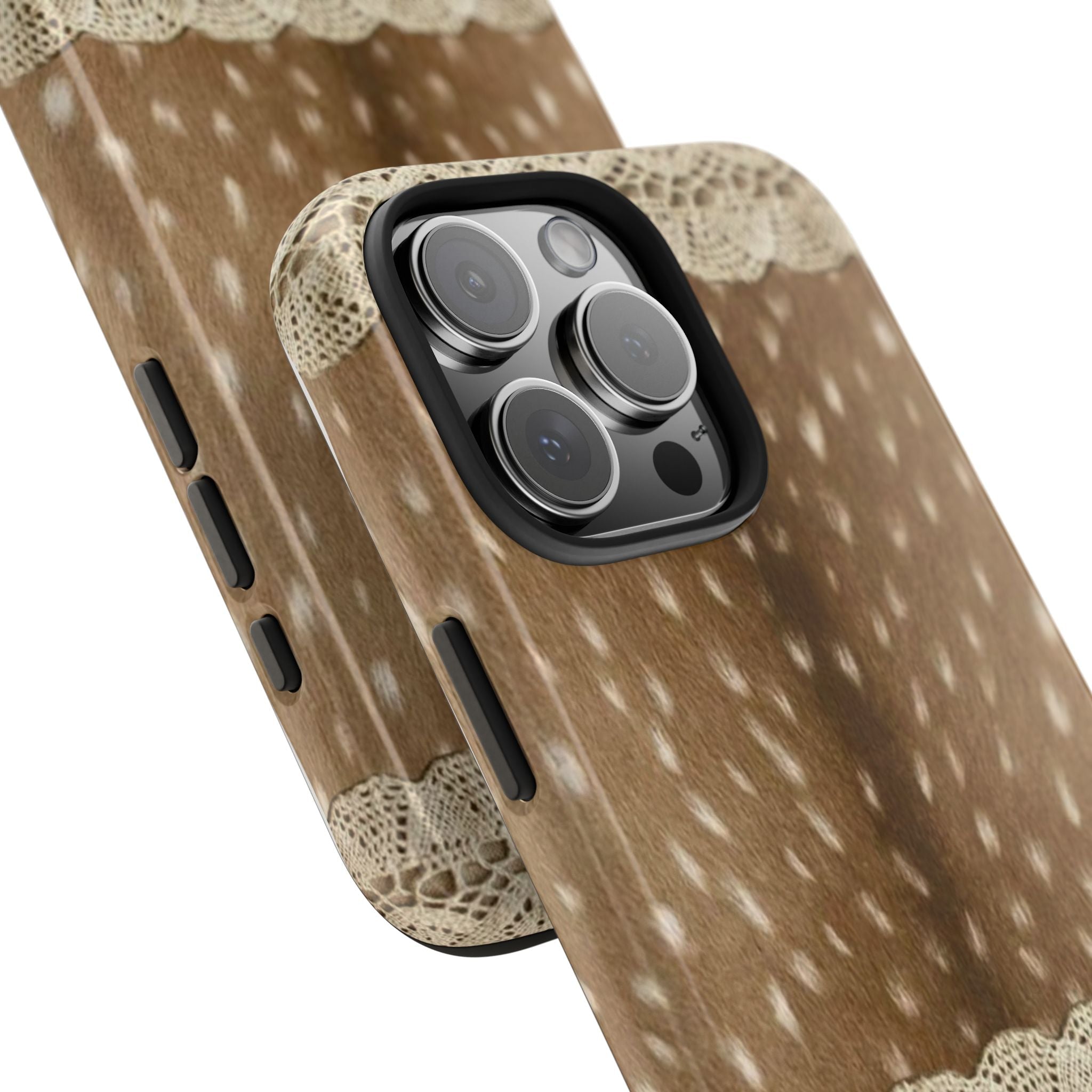 Angled brown deer-spotted phone case with lace edges and camera bump protection