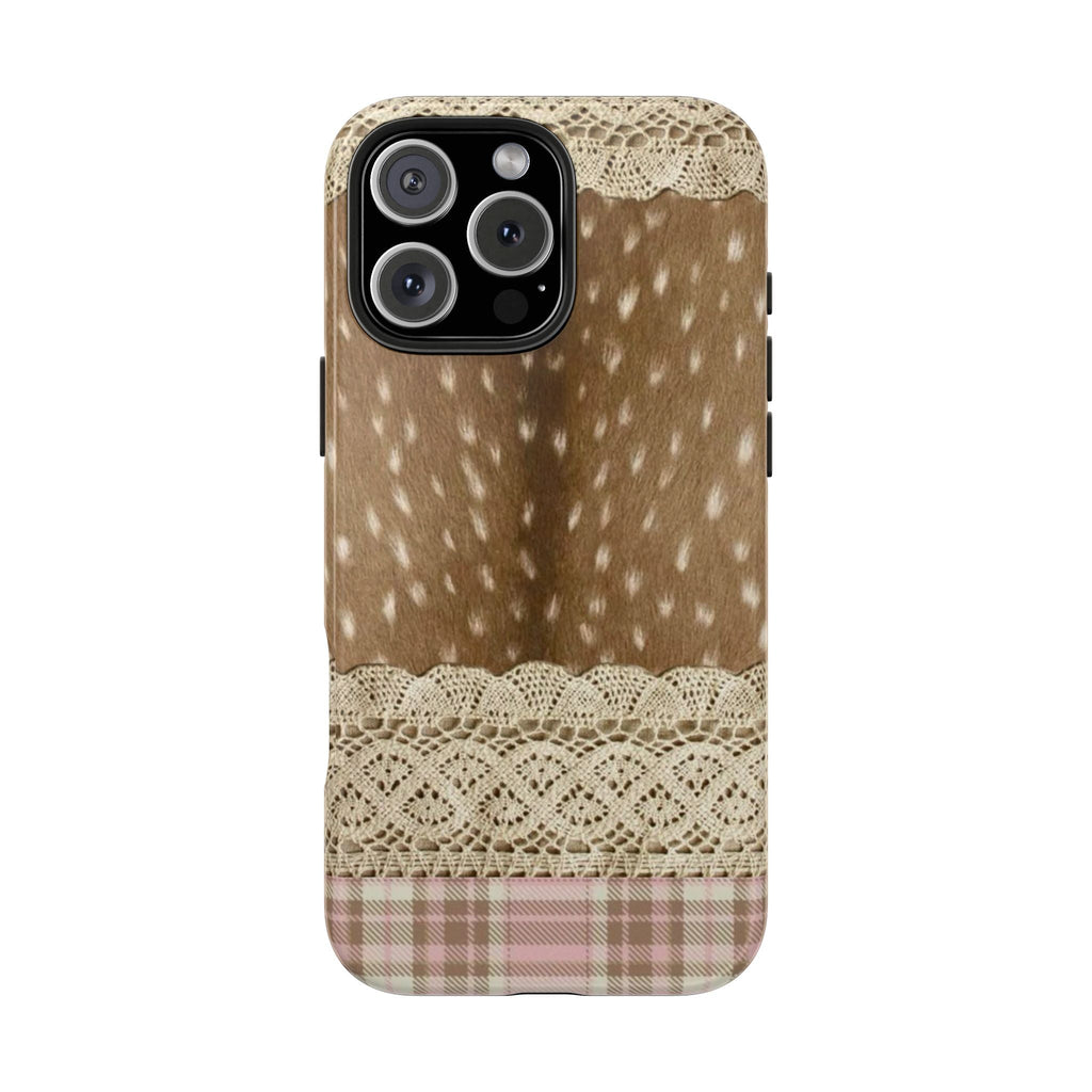 Brown deer-pattern phone case with lace trim and pink plaid bottom, camera cutout