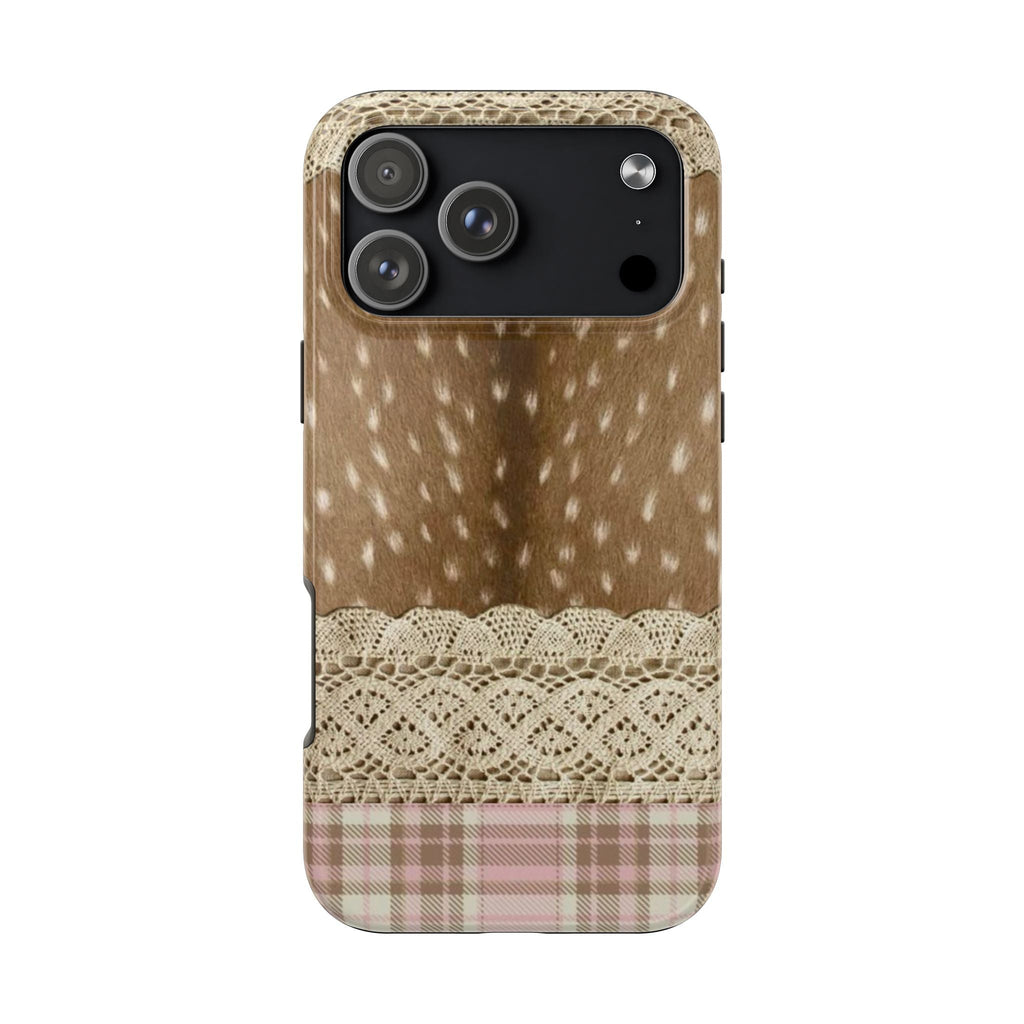 Brown deer-spotted phone case with crochet lace border and pink checkered base