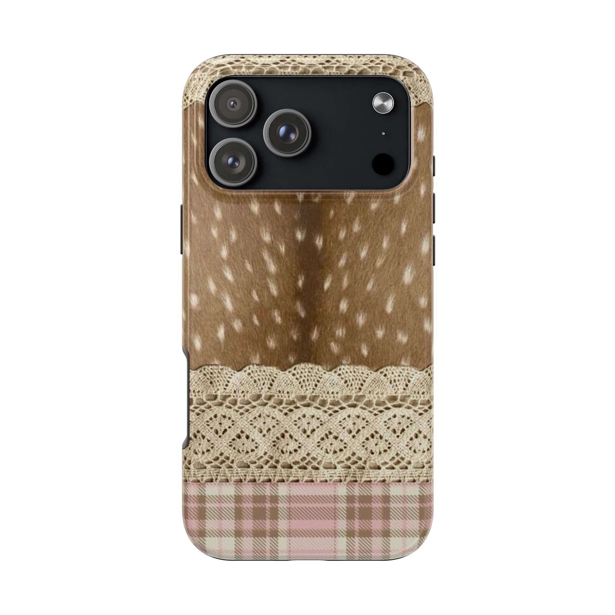 Brown deer-spotted phone case with crochet lace border and pink checkered base