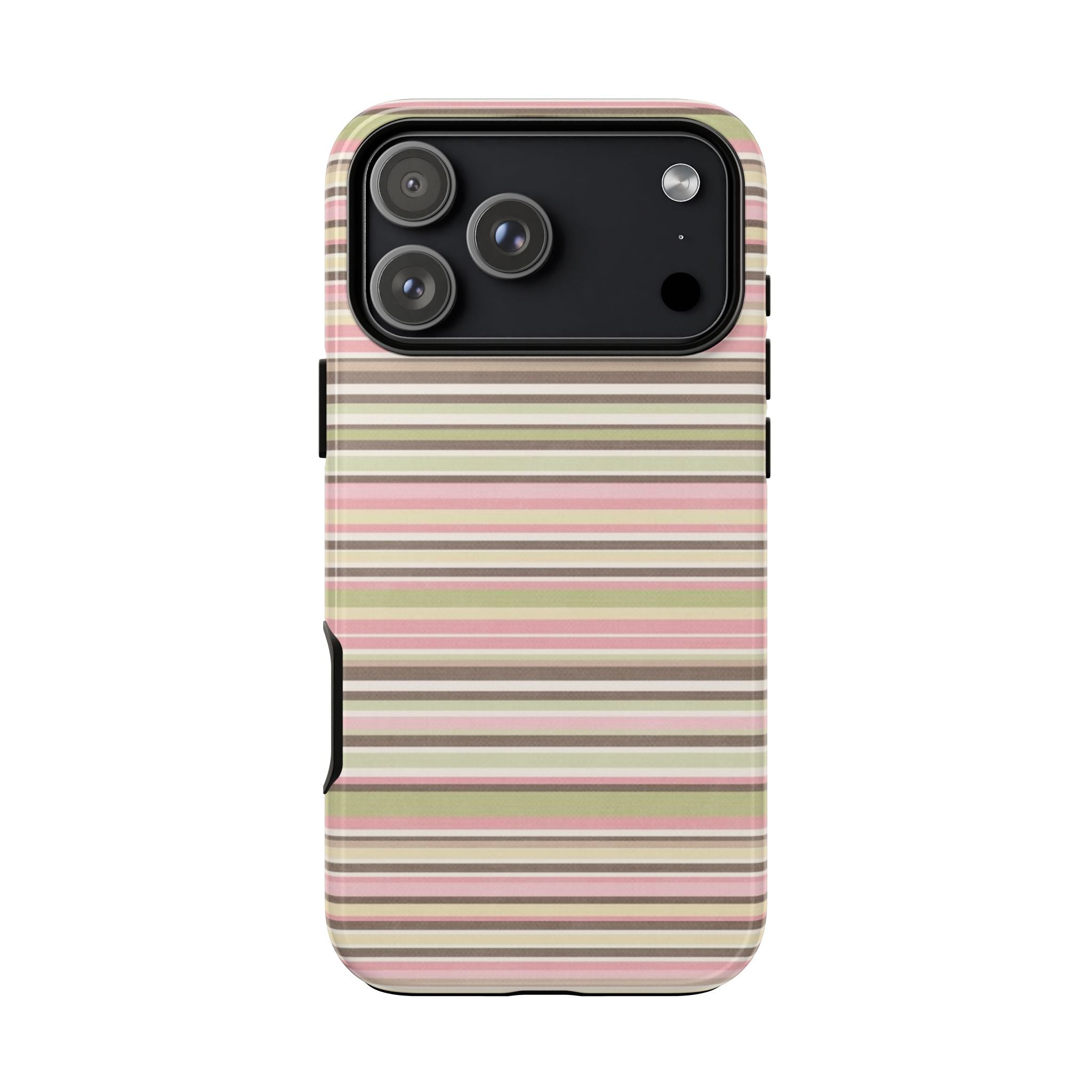 Striped phone case with horizontal pink, green, and tan stripes; camera cutouts visible
