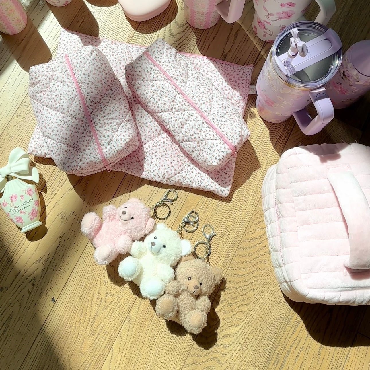 Pink and white teddy bear plush keychain charms with silver split rings