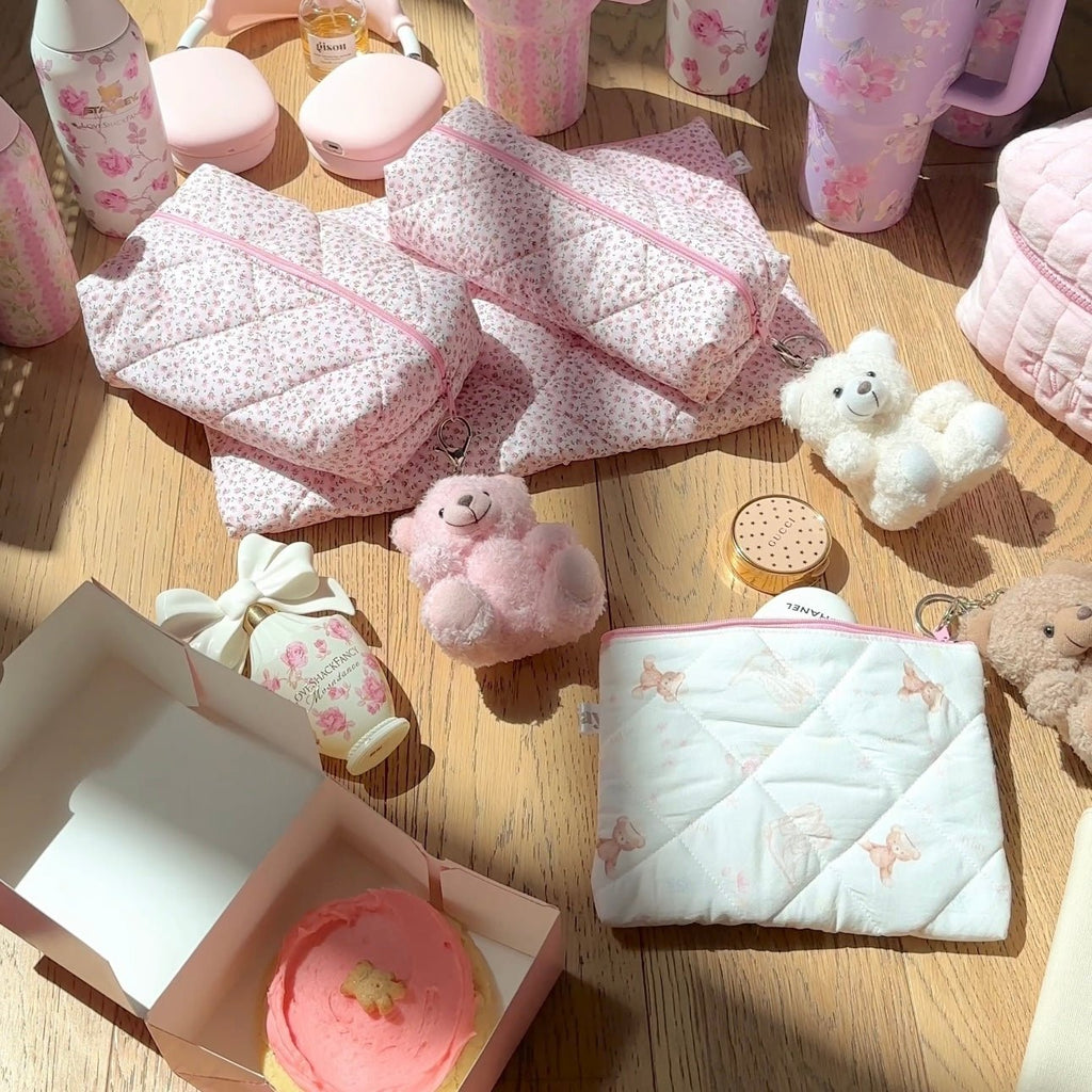 White and pink teddy bear plush keychain charms with silver key rings