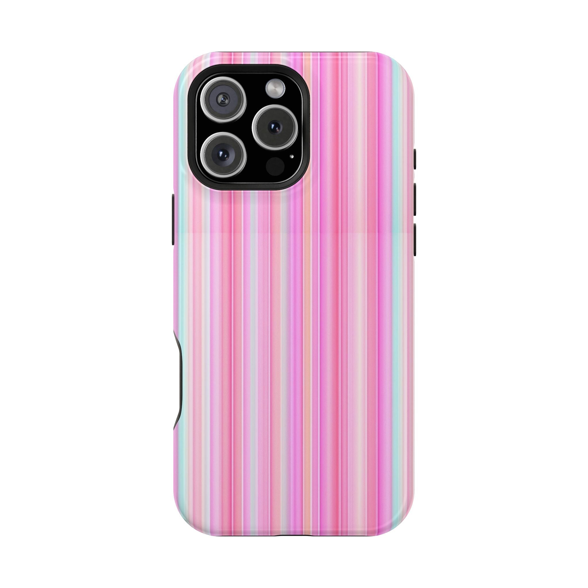 Pink and mint vertical stripe phone case with camera lens openings and button slots