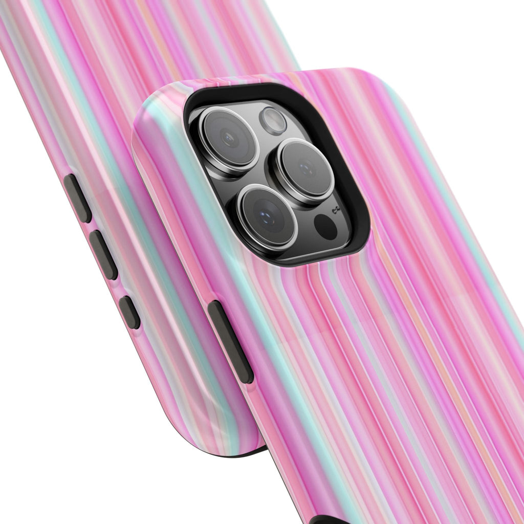 Pink striped phone case close-up with raised camera area and lens cutouts