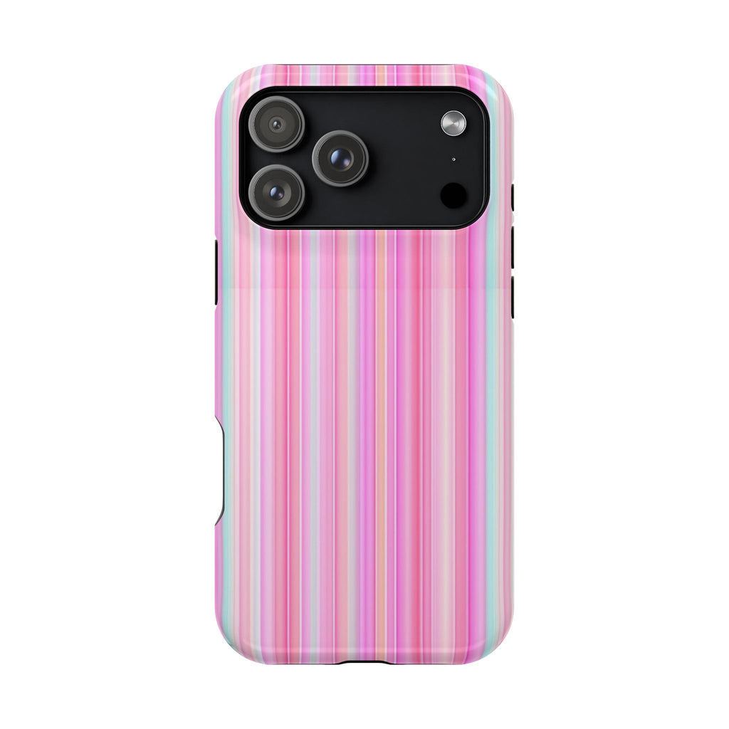 Pink vertical striped phone case with camera cutouts and side button openings
