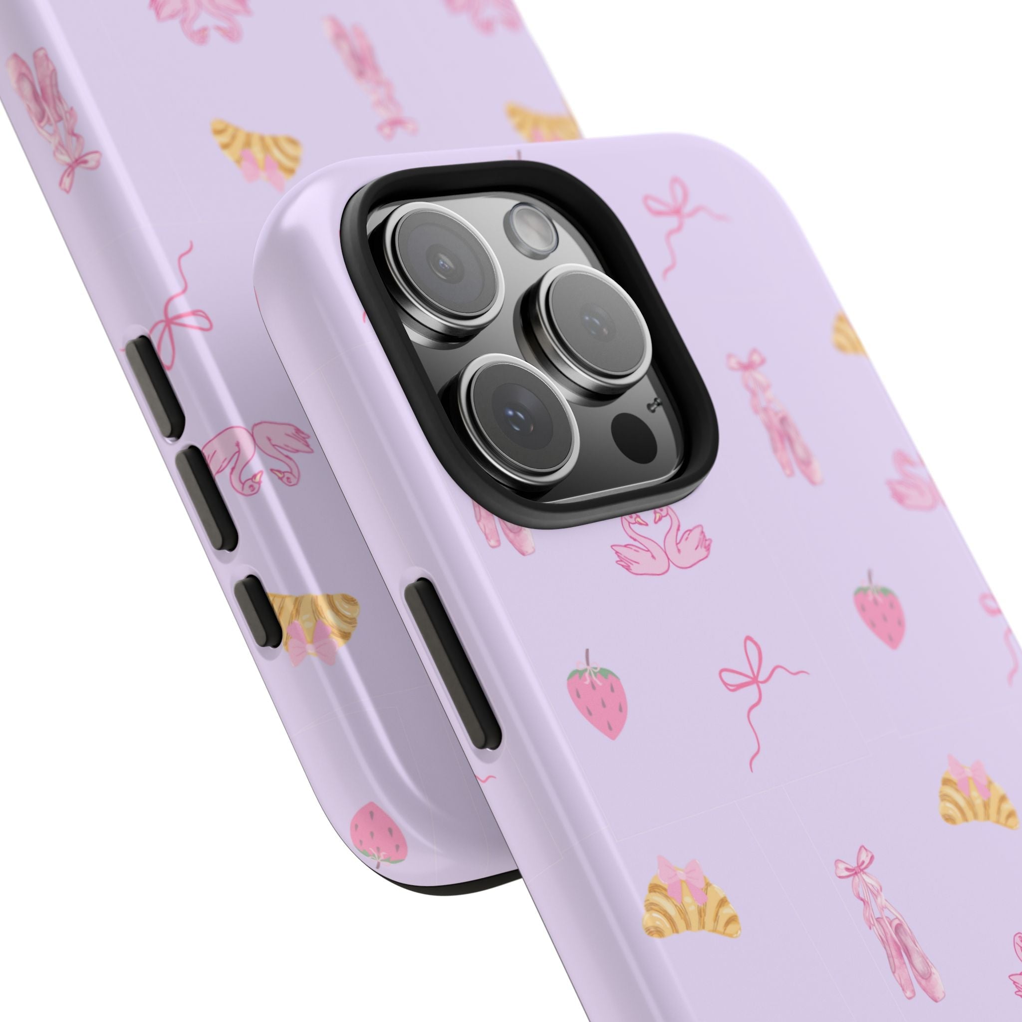 Lavender coquette phone case close-up of camera cutout with bows and ballet figures