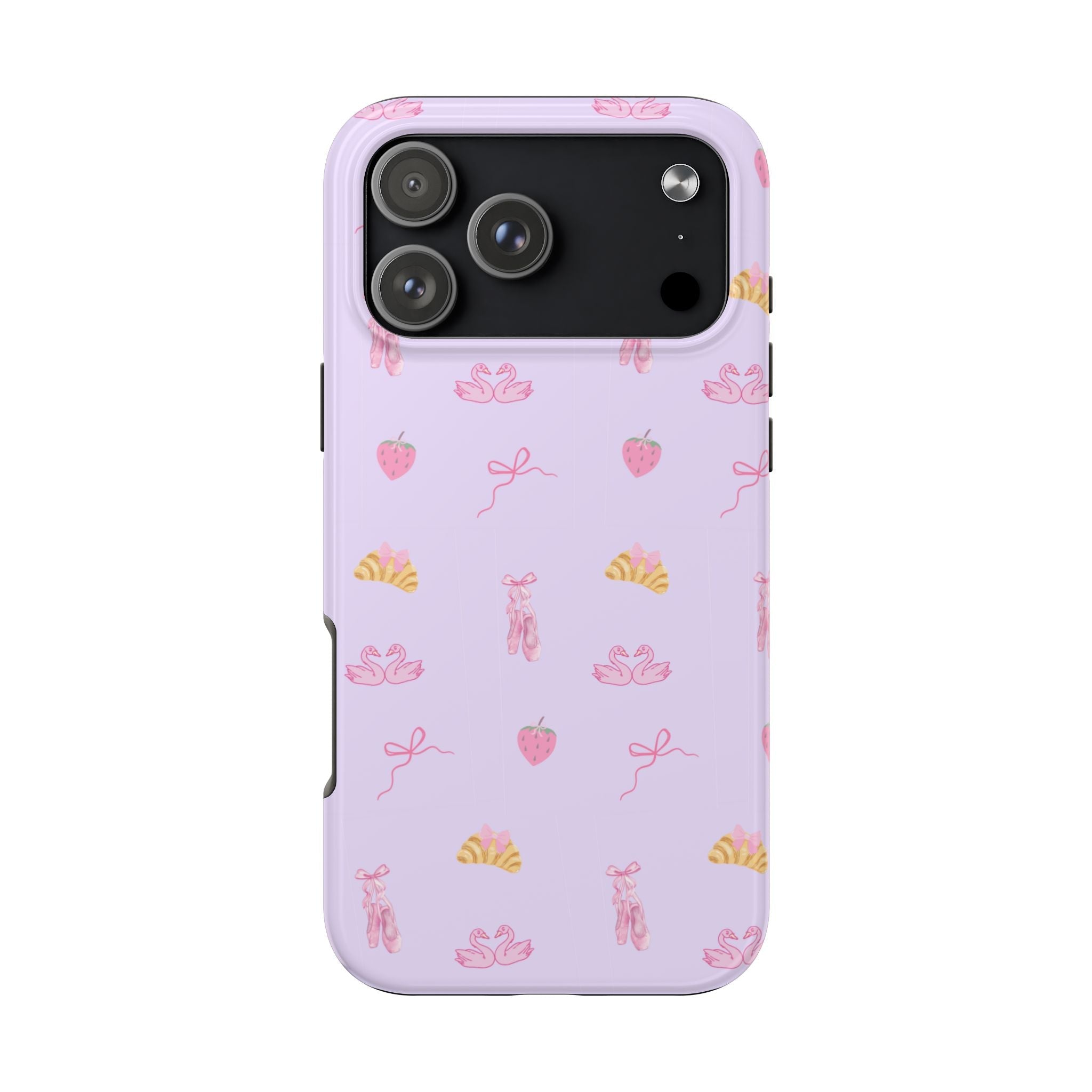 Lavender coquette phone case with strawberries, bows, and ballet figures pattern