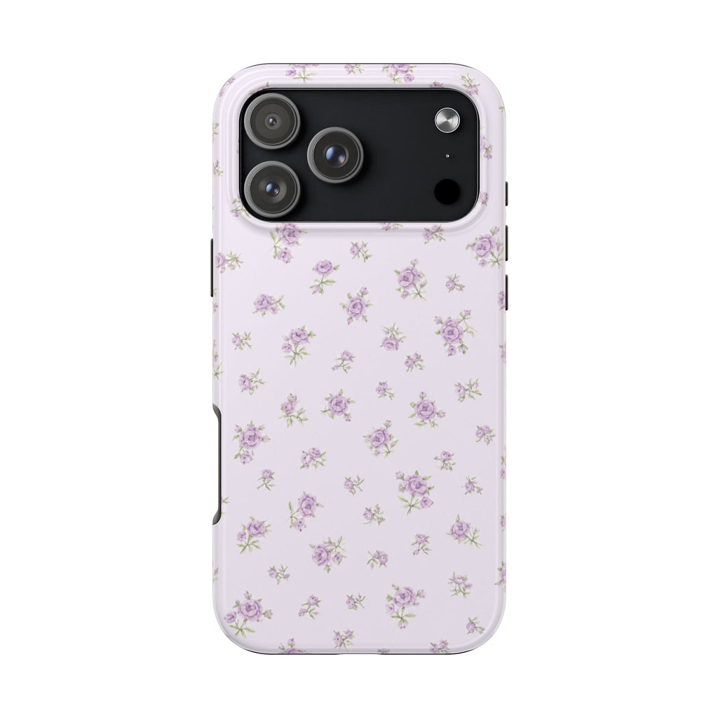 Lavender ditsy floral phone case with purple and green mini flowers, full back view