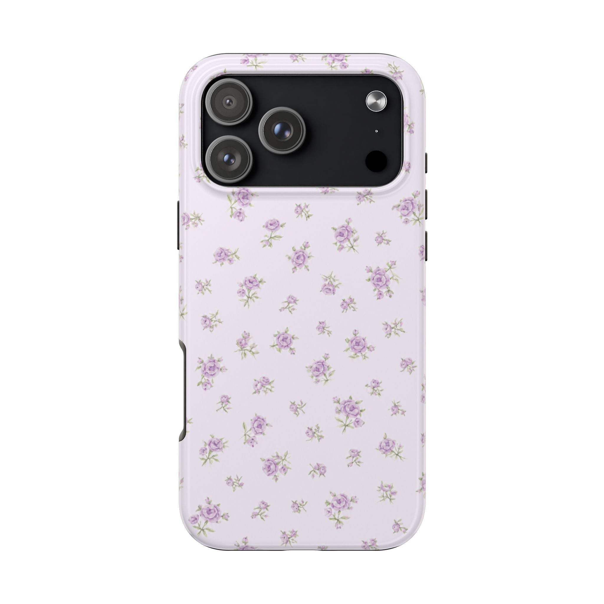 Lavender ditsy floral phone case with purple and green mini flowers, full back view