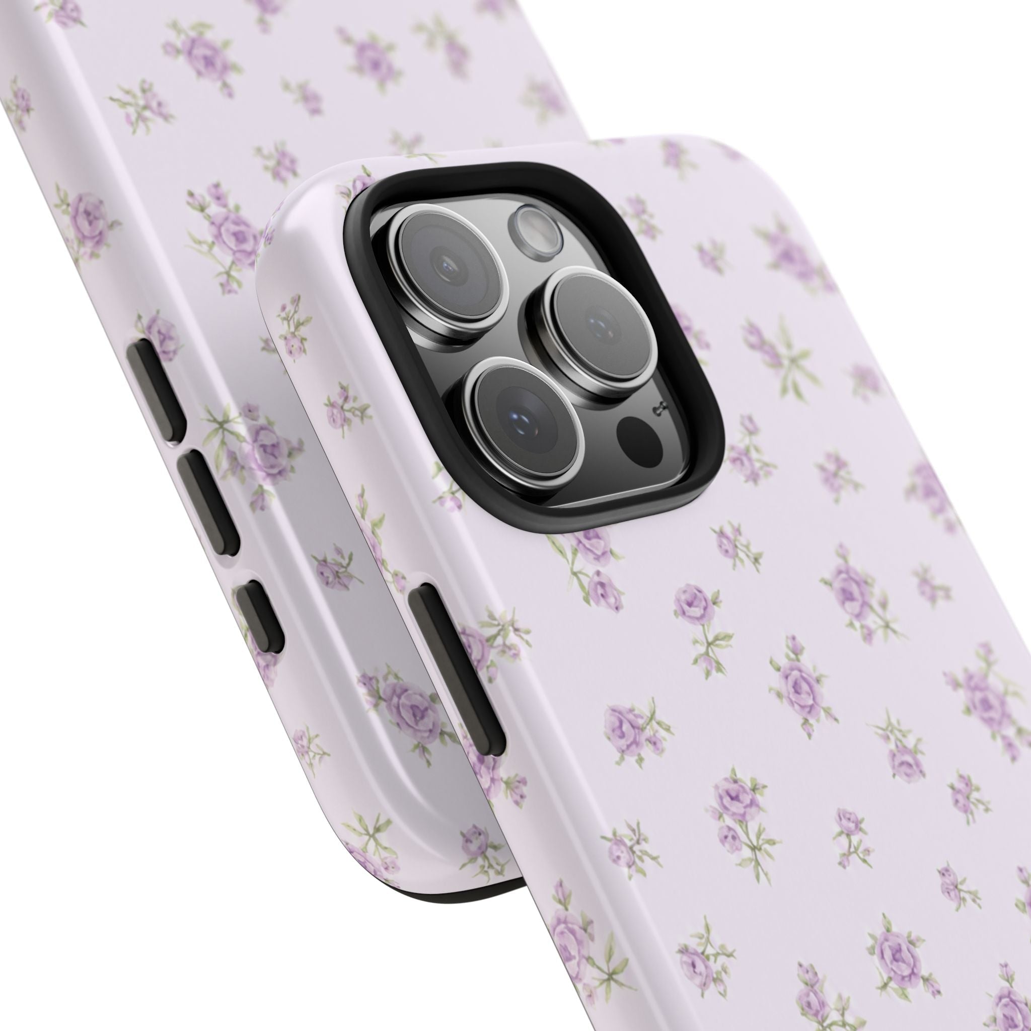Ditsy floral lavender phone case angled view with purple mini blossoms and camera cutouts