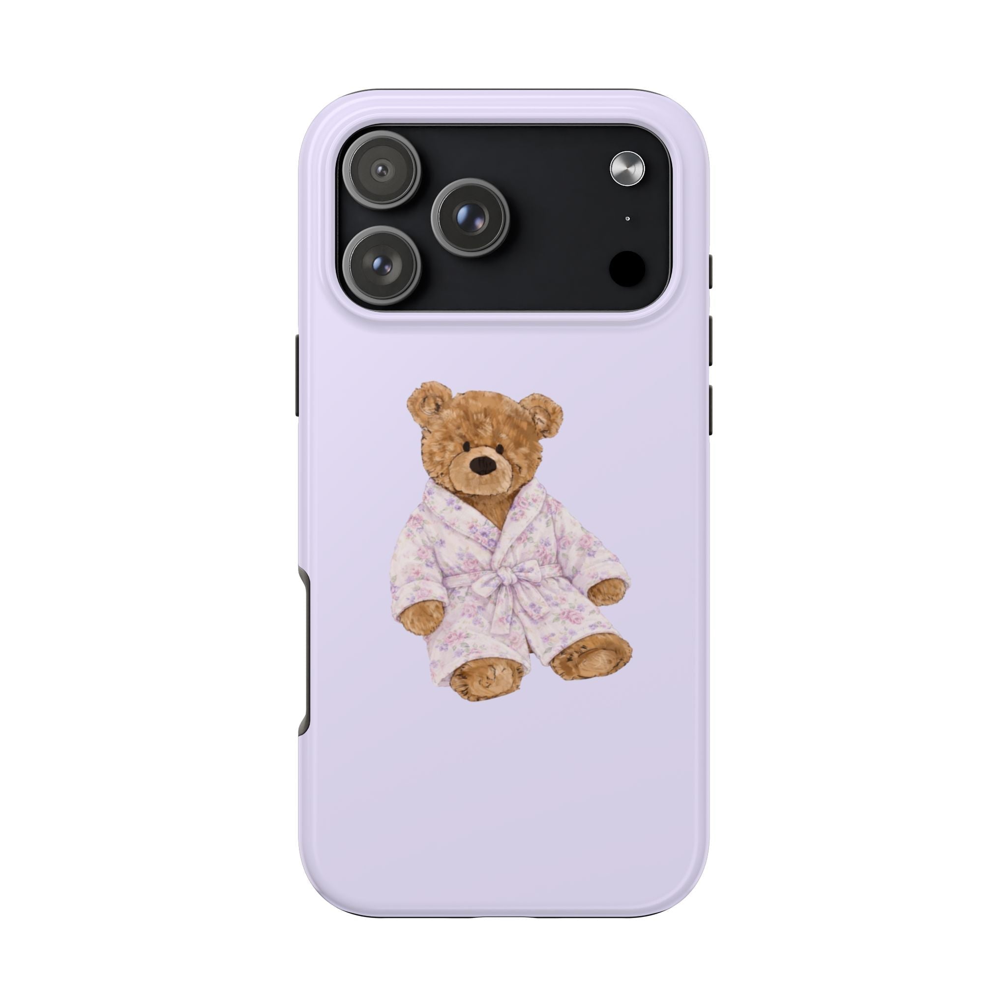 Lavender protective case with teddy bear wearing pastel floral robe