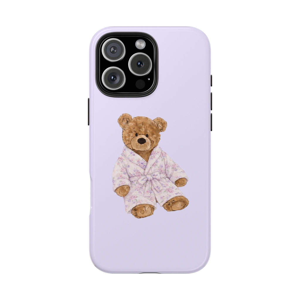 Lavender phone case with teddy bear in floral robe on back
