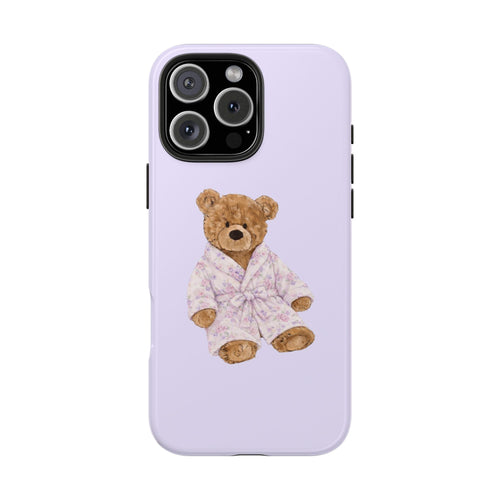 Lavender phone case with teddy bear in floral robe on back