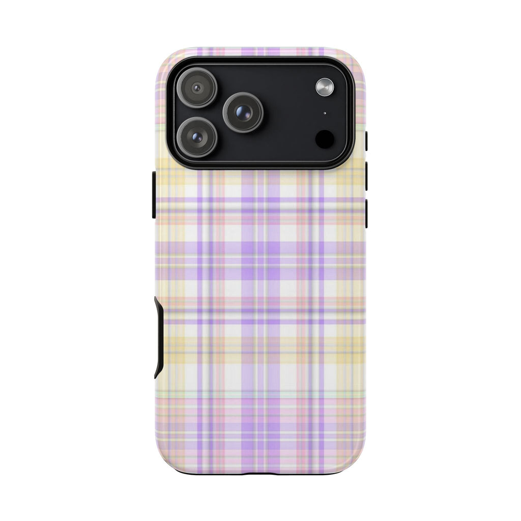 Lavender plaid phone case back with camera opening and side button cutouts