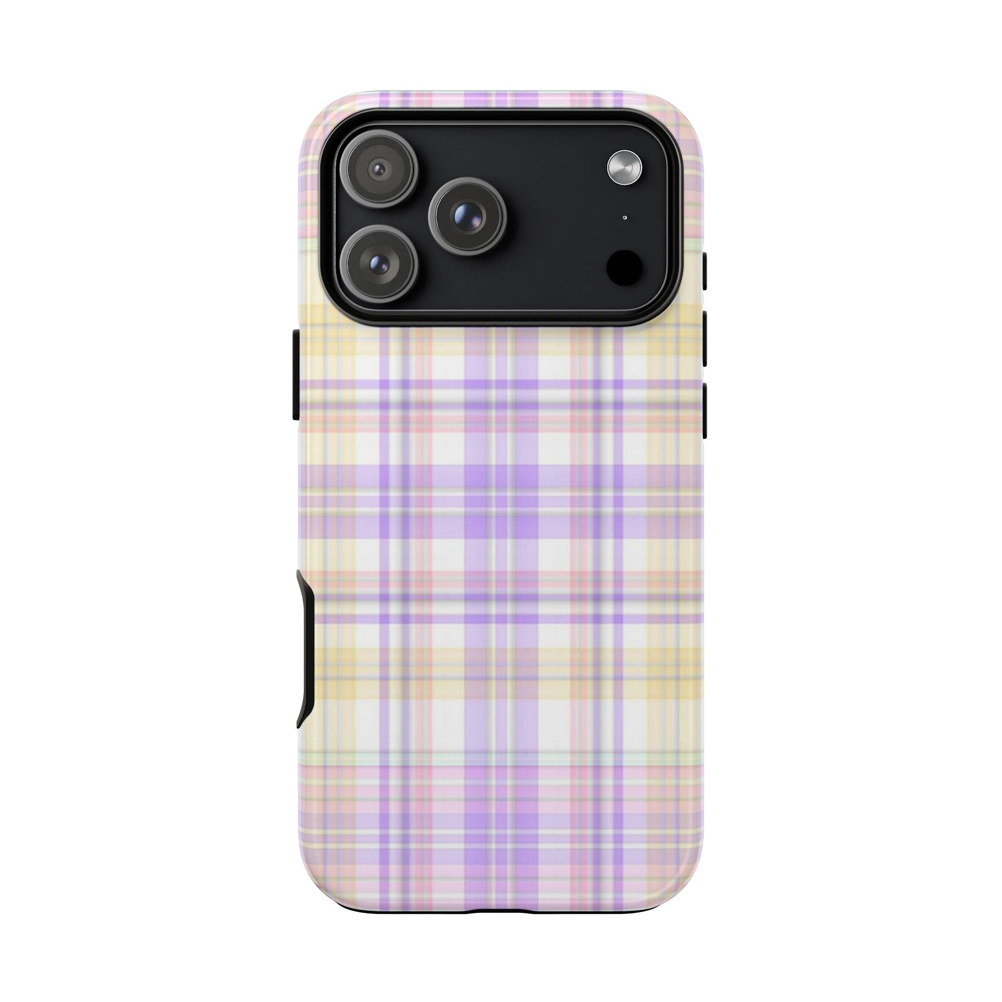 Lavender plaid phone case back with camera opening and side button cutouts