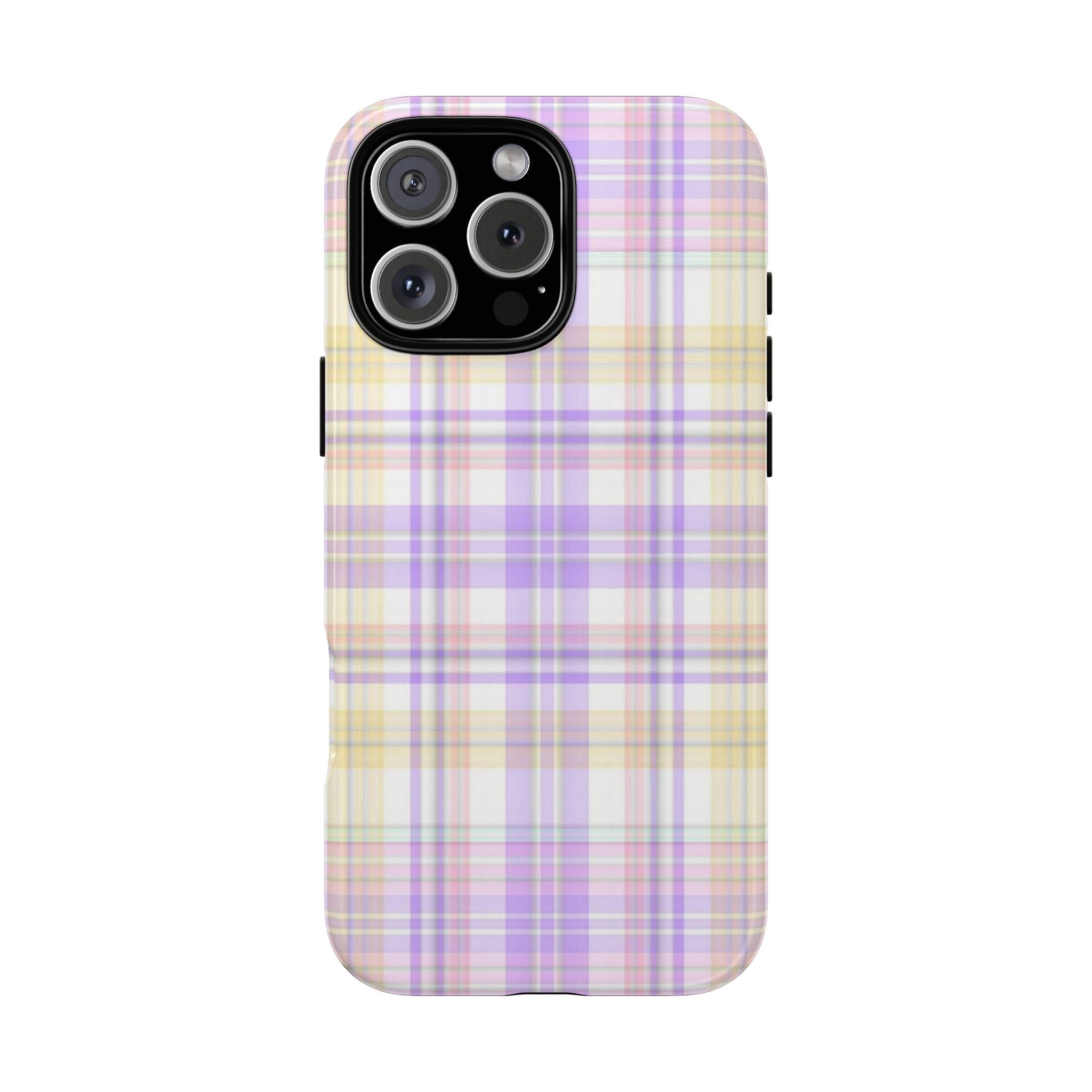 Lavender lemonade plaid phone case with raised camera ring and cutouts