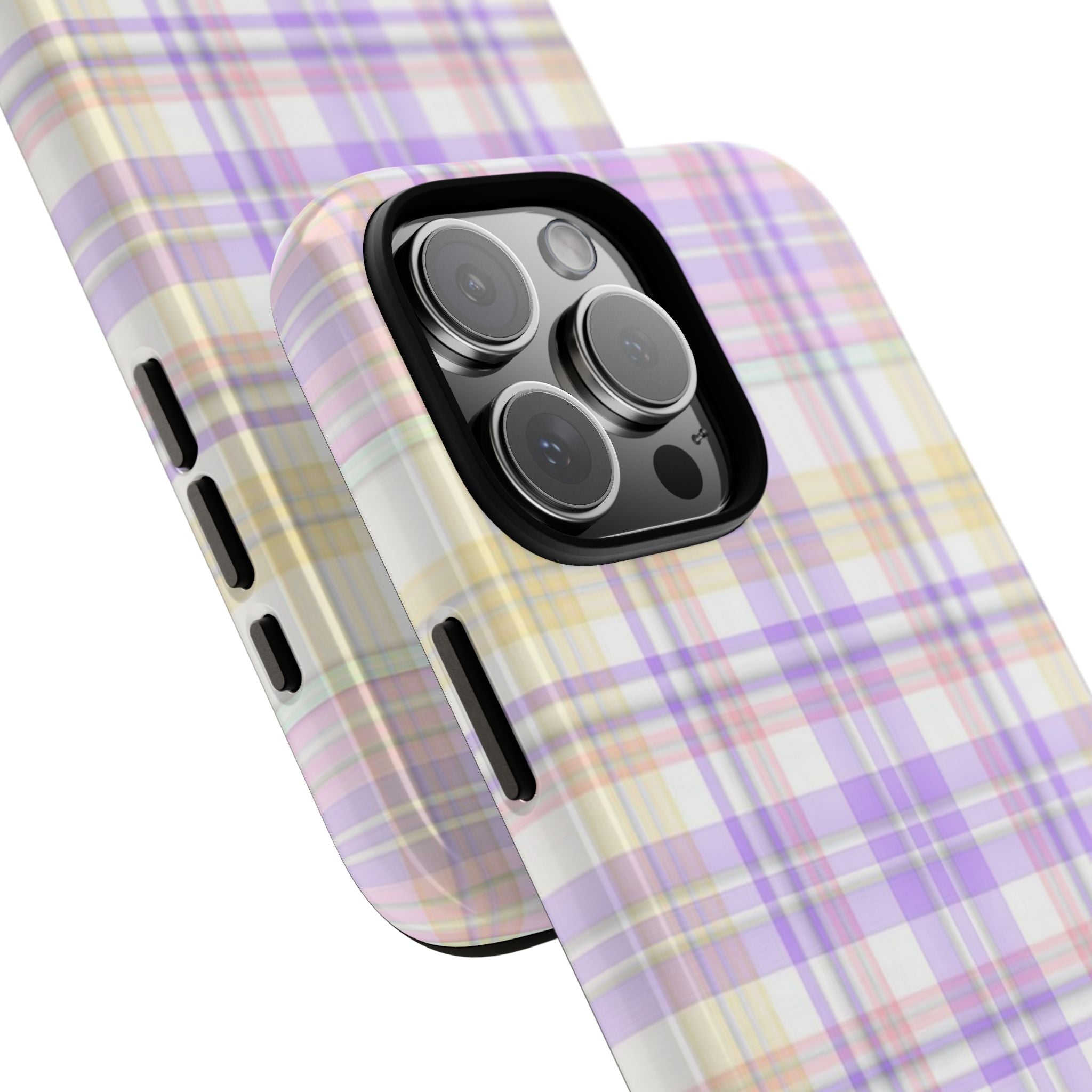 Lavender lemonade plaid phone case showing side openings beside camera module