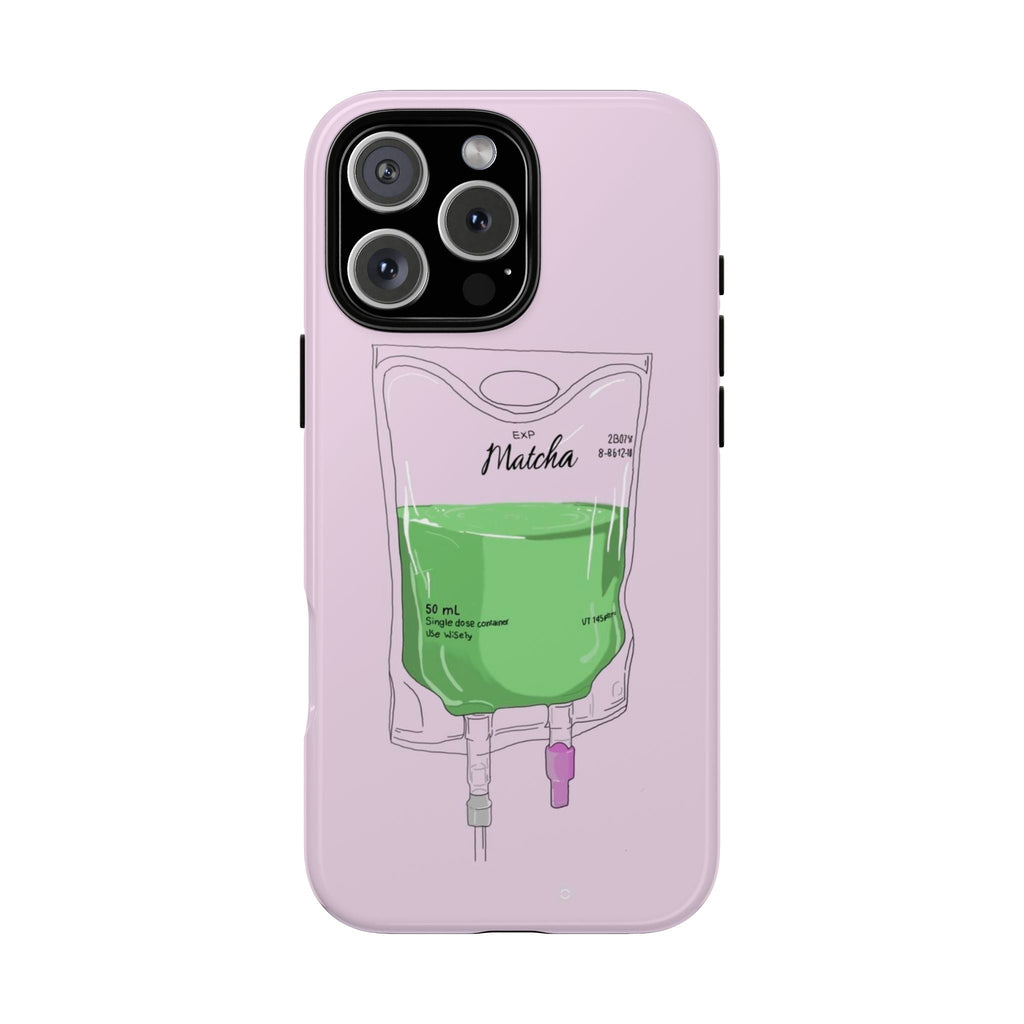 Lavender phone case with matcha drink graphic, camera cutout and buttons on the side