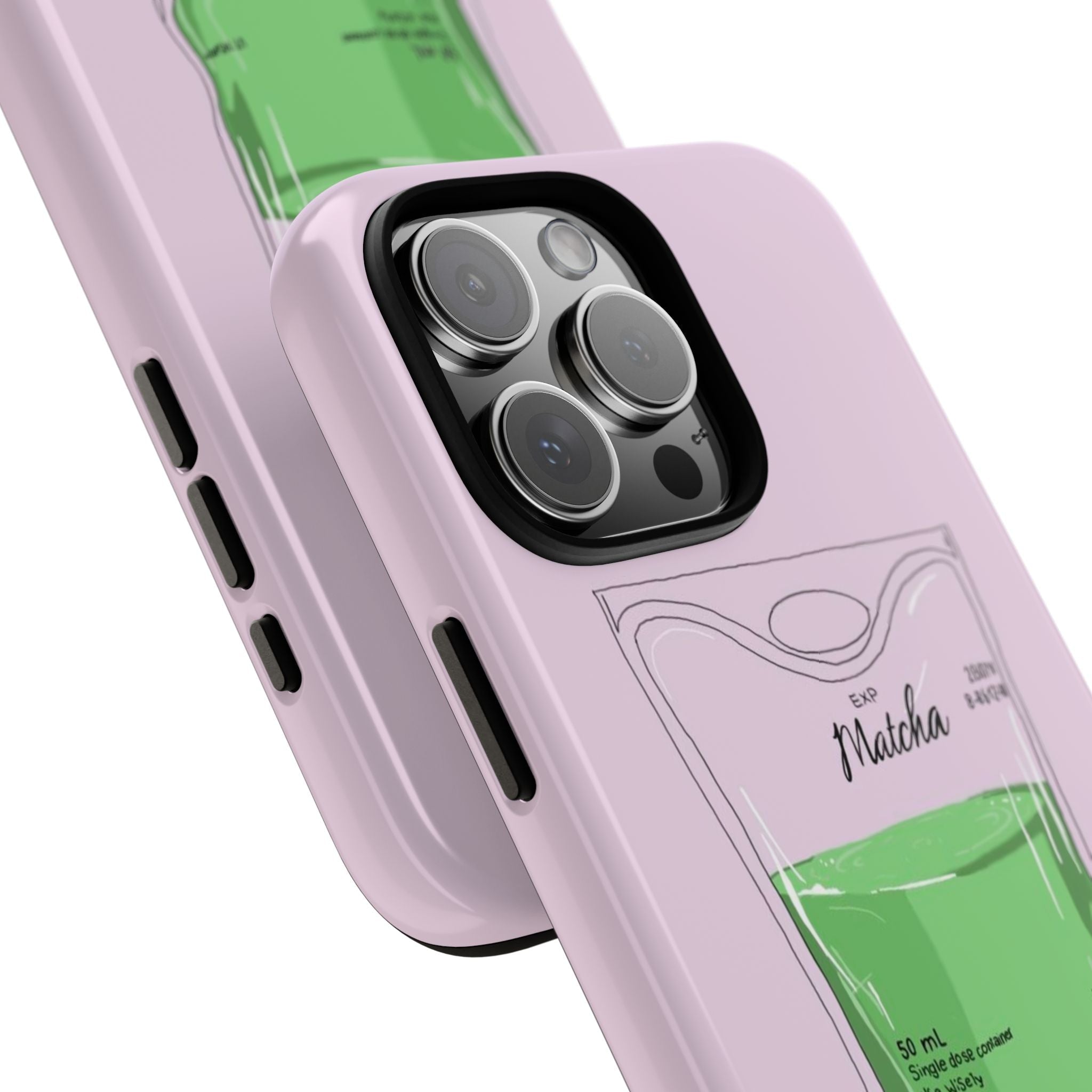 Close-up lavender phone case with matcha graphic and protective frame around triple camera lenses