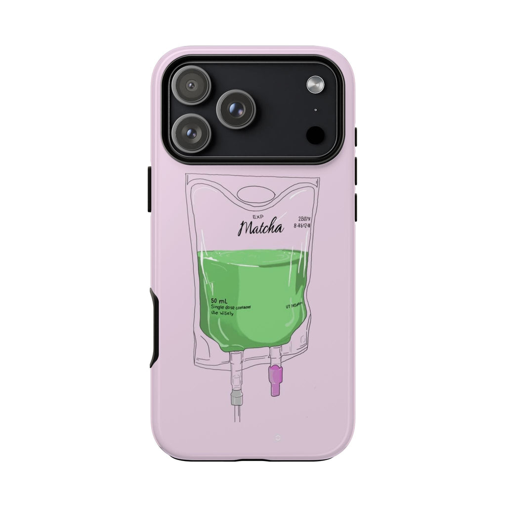 Lavender phone case featuring matcha pouch illustration, raised camera bump and side cutouts