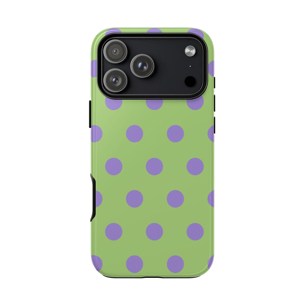 Light green phone case with lavender polka dots and raised camera lens cover