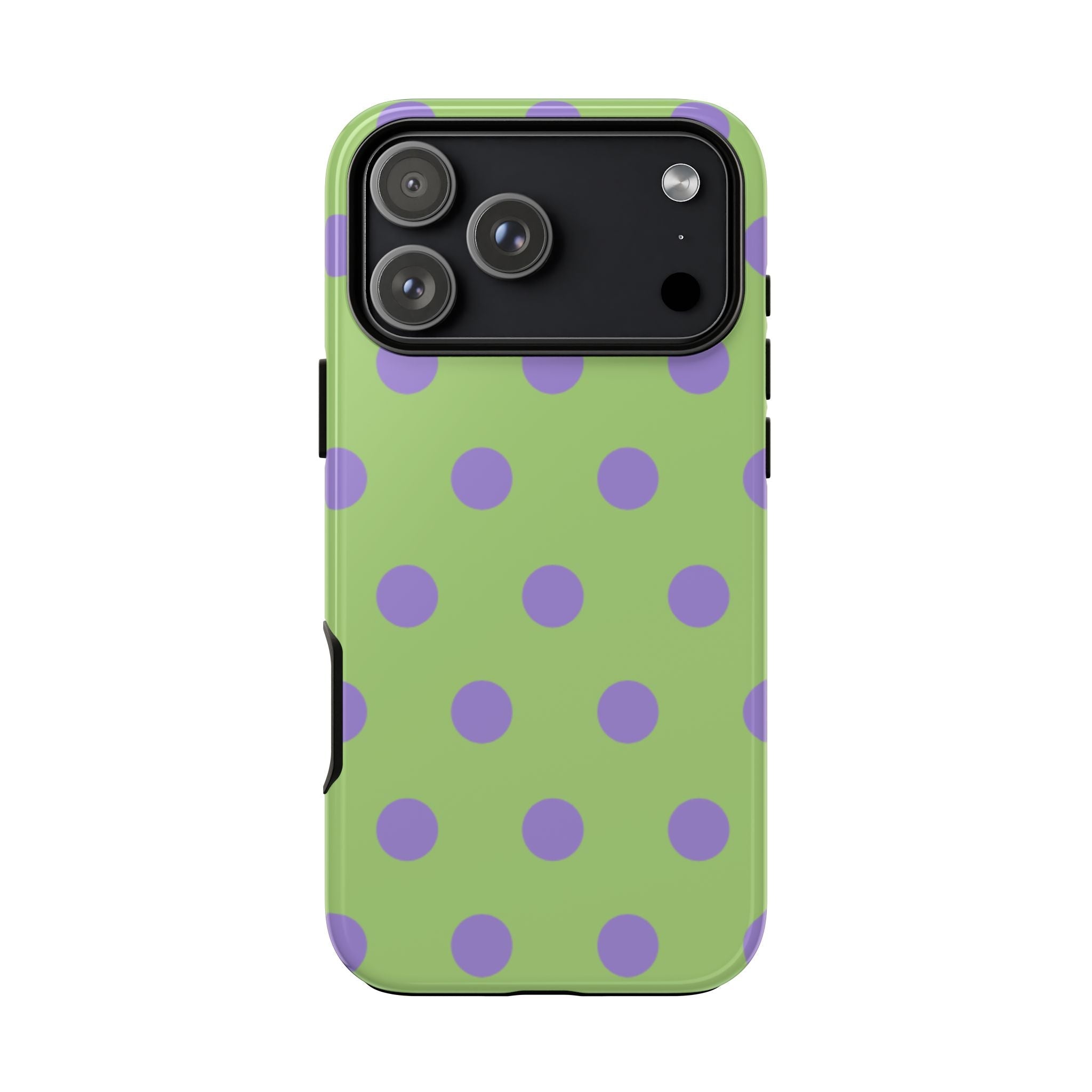 Light green phone case with lavender polka dots and raised camera lens cover