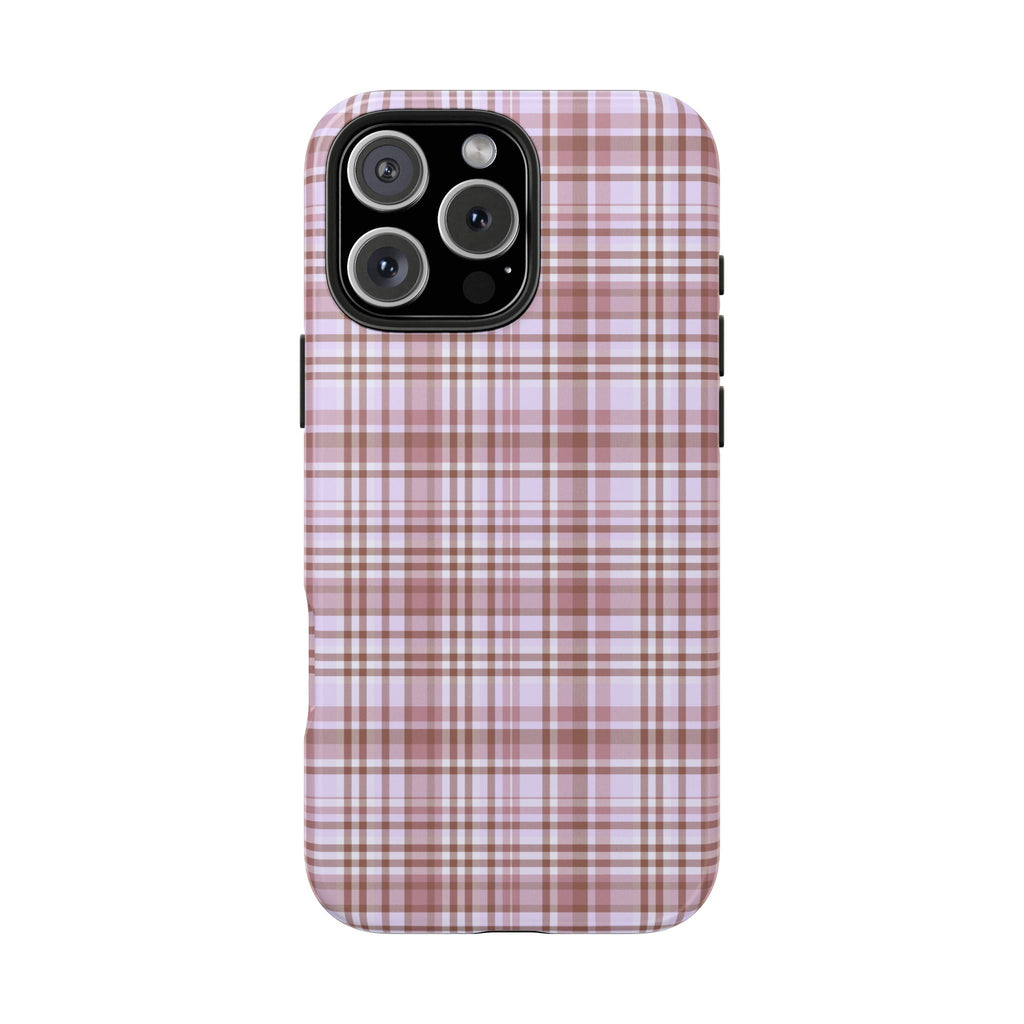 Lavender plaid phone case front view with triple-lens cutout and flash