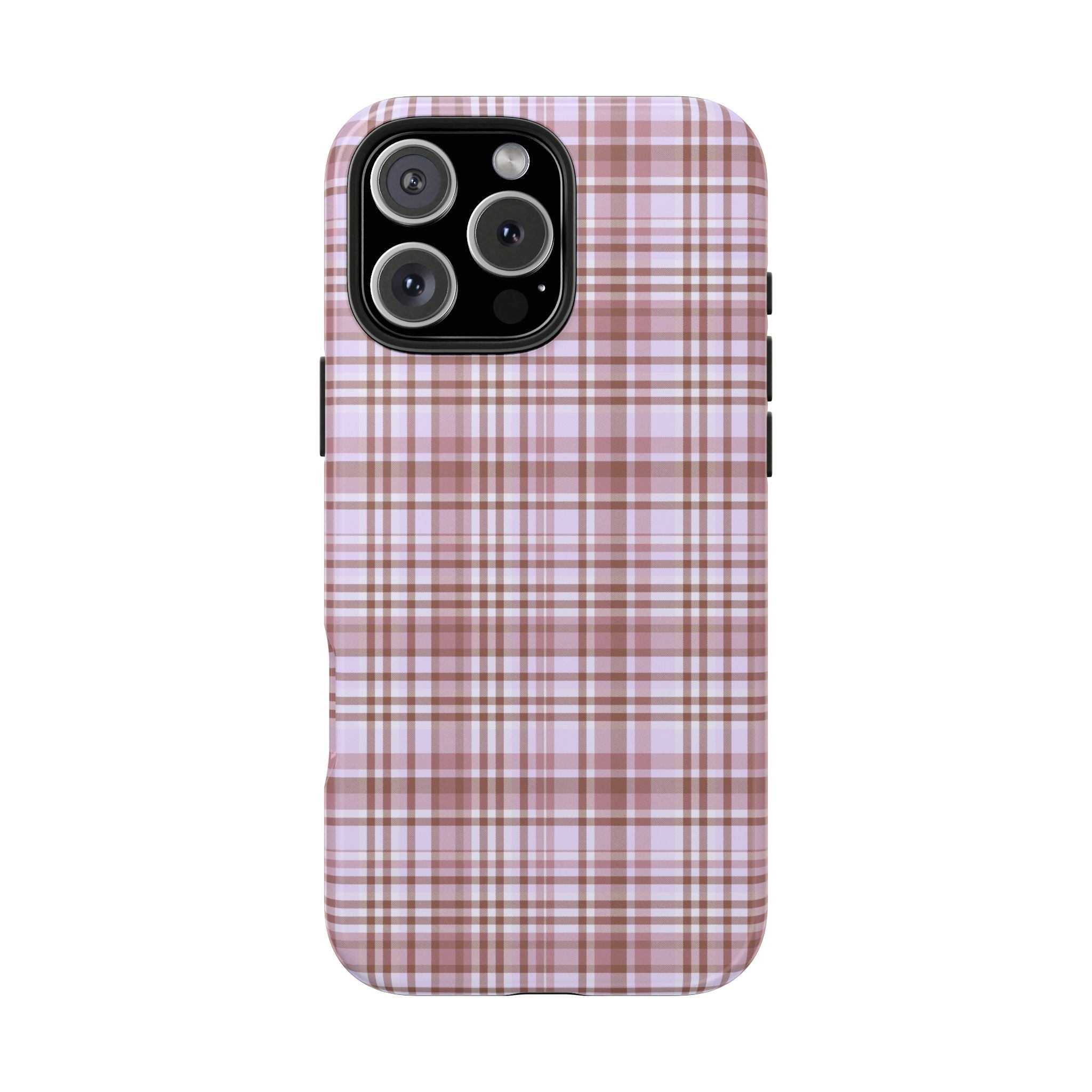 Lavender plaid phone case front view with triple-lens cutout and flash