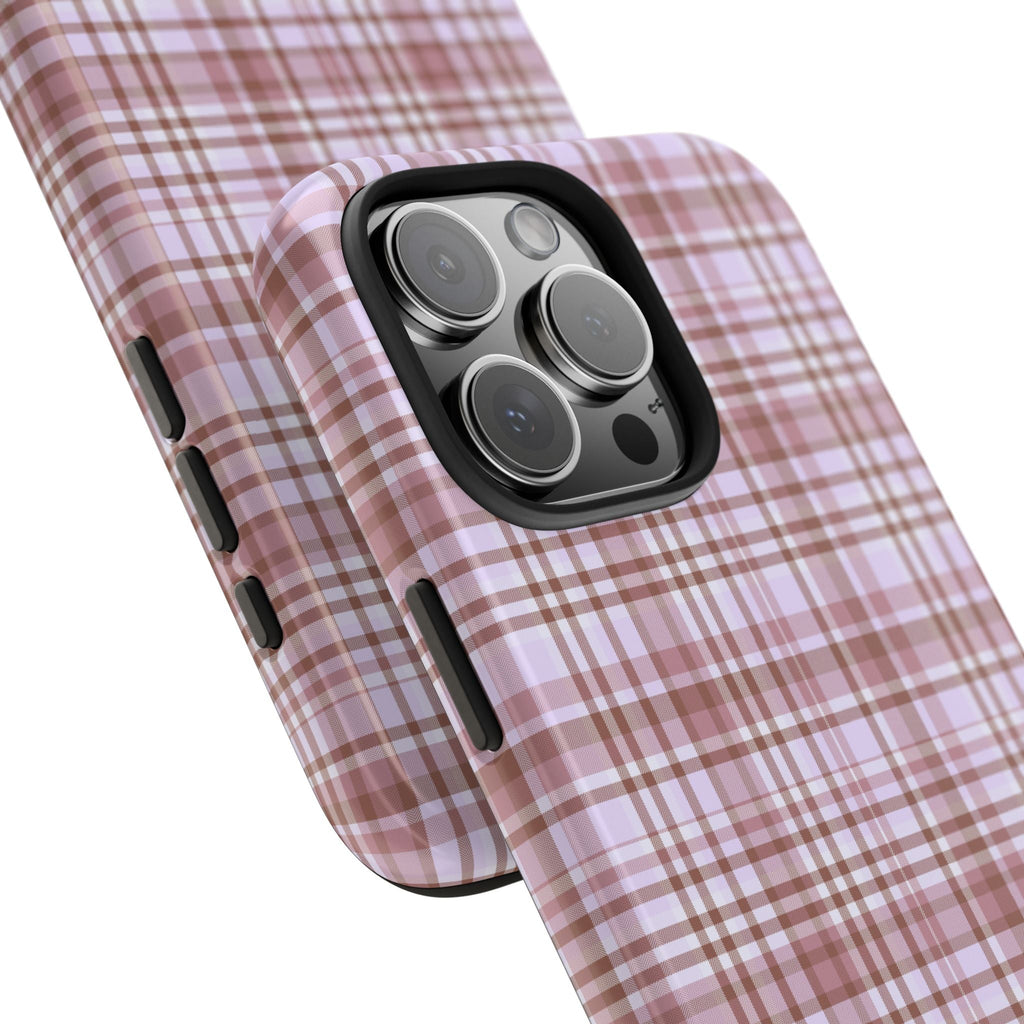 Lavender plaid phone case cover, diagonal view; raised camera bezel