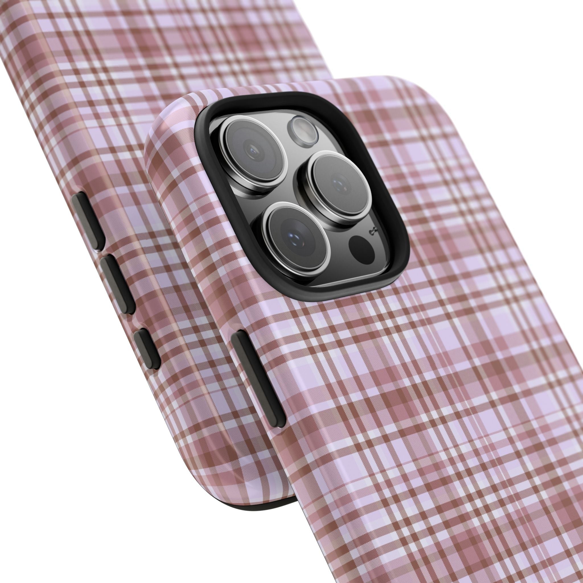 Lavender plaid phone case cover, diagonal view; raised camera bezel